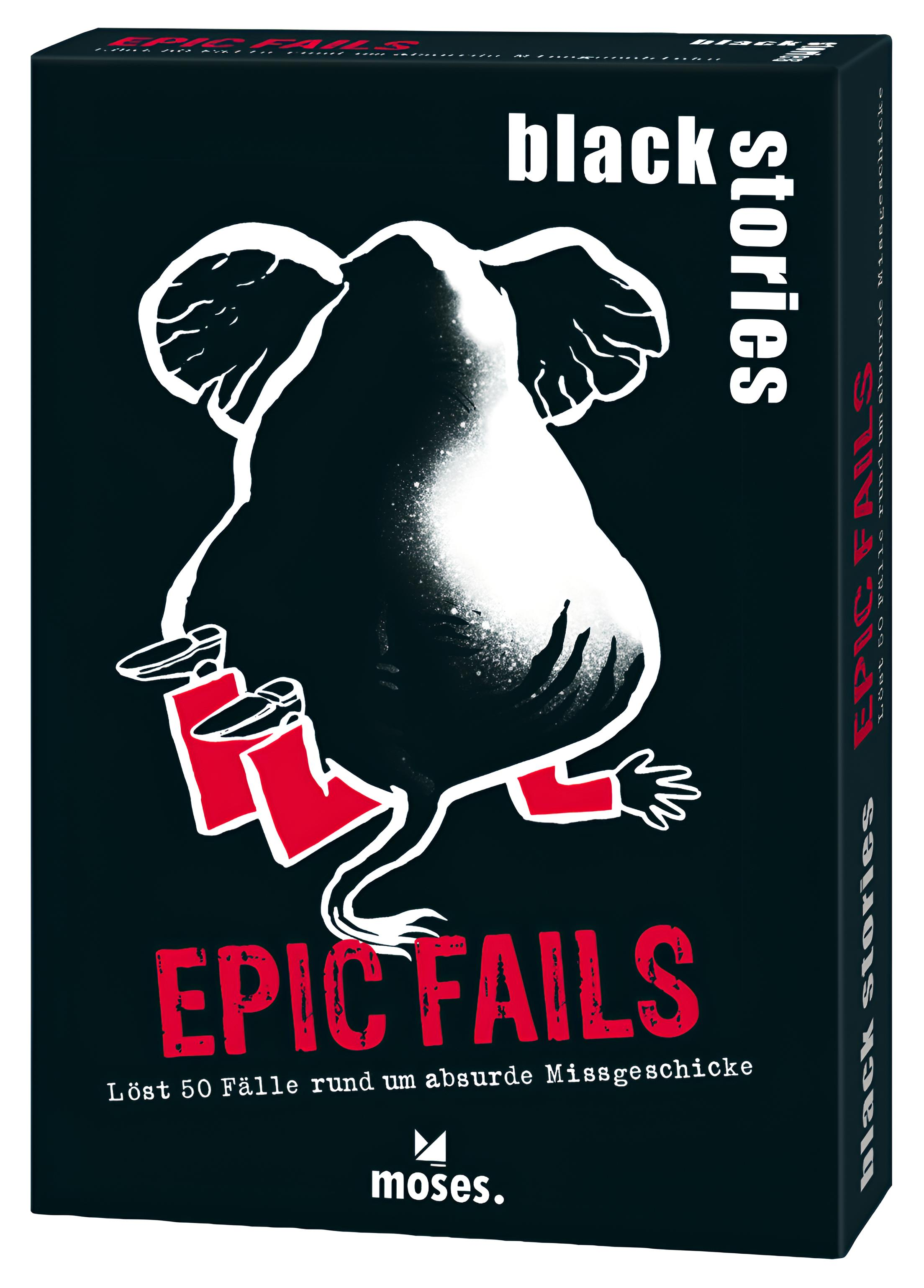 Ein schwarzes Spielkarton mit einem weißen Elefantenmotiv und rotem Text.
