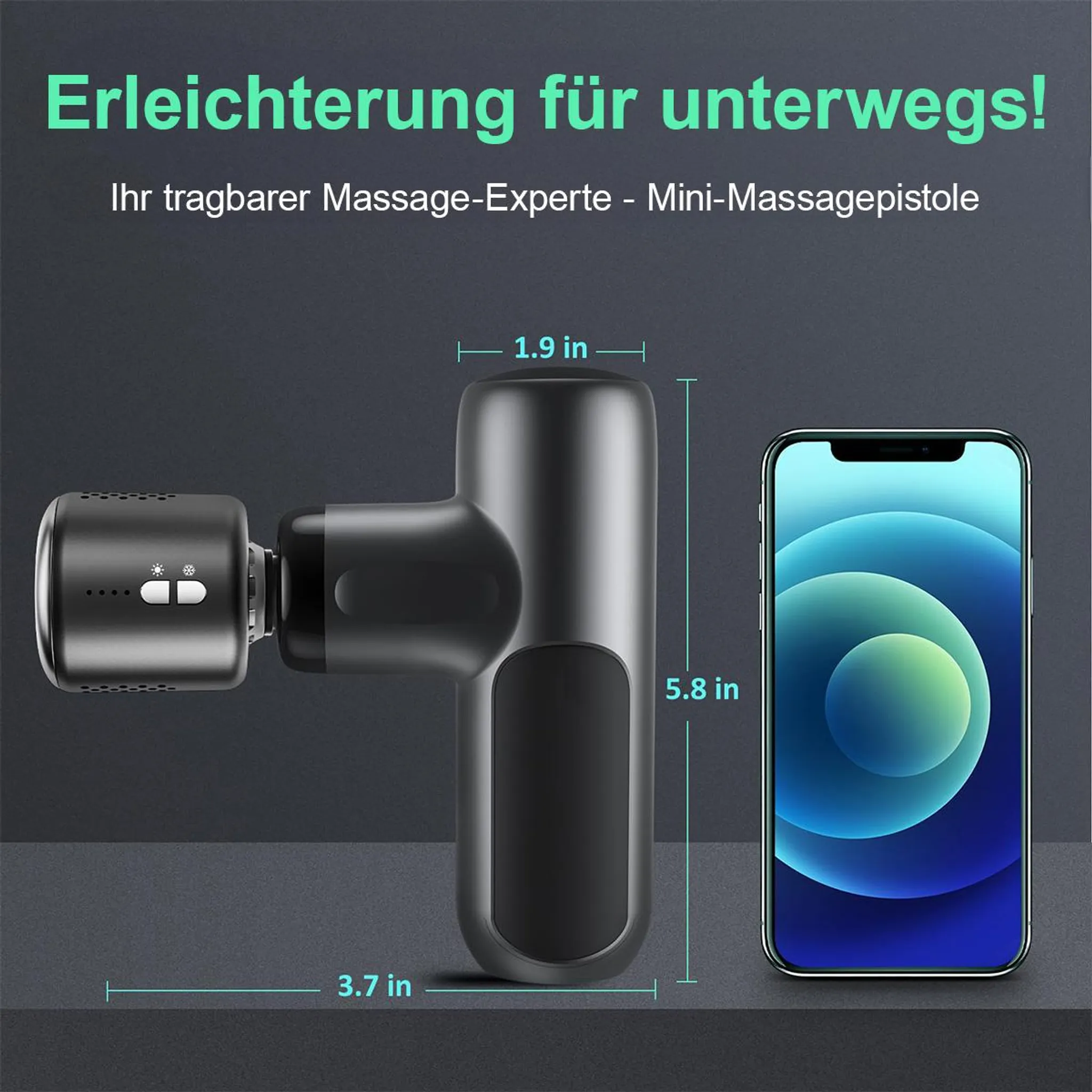 Eine Mini-Massagepistole und ein Smartphone nebeneinander, mit Maßen.