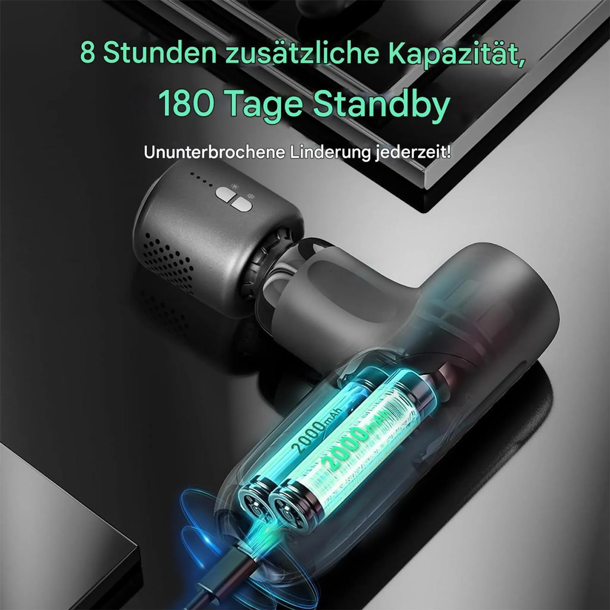 Gerät mit zwei leuchtenden 2000mAh Akkus, die geladen werden.