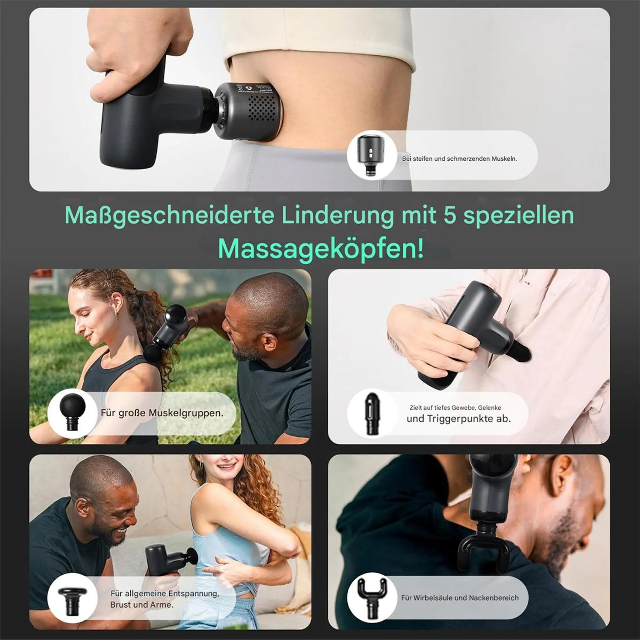 Massagepistole wird am Körper angewendet, mit verschiedenen Aufsätzen.