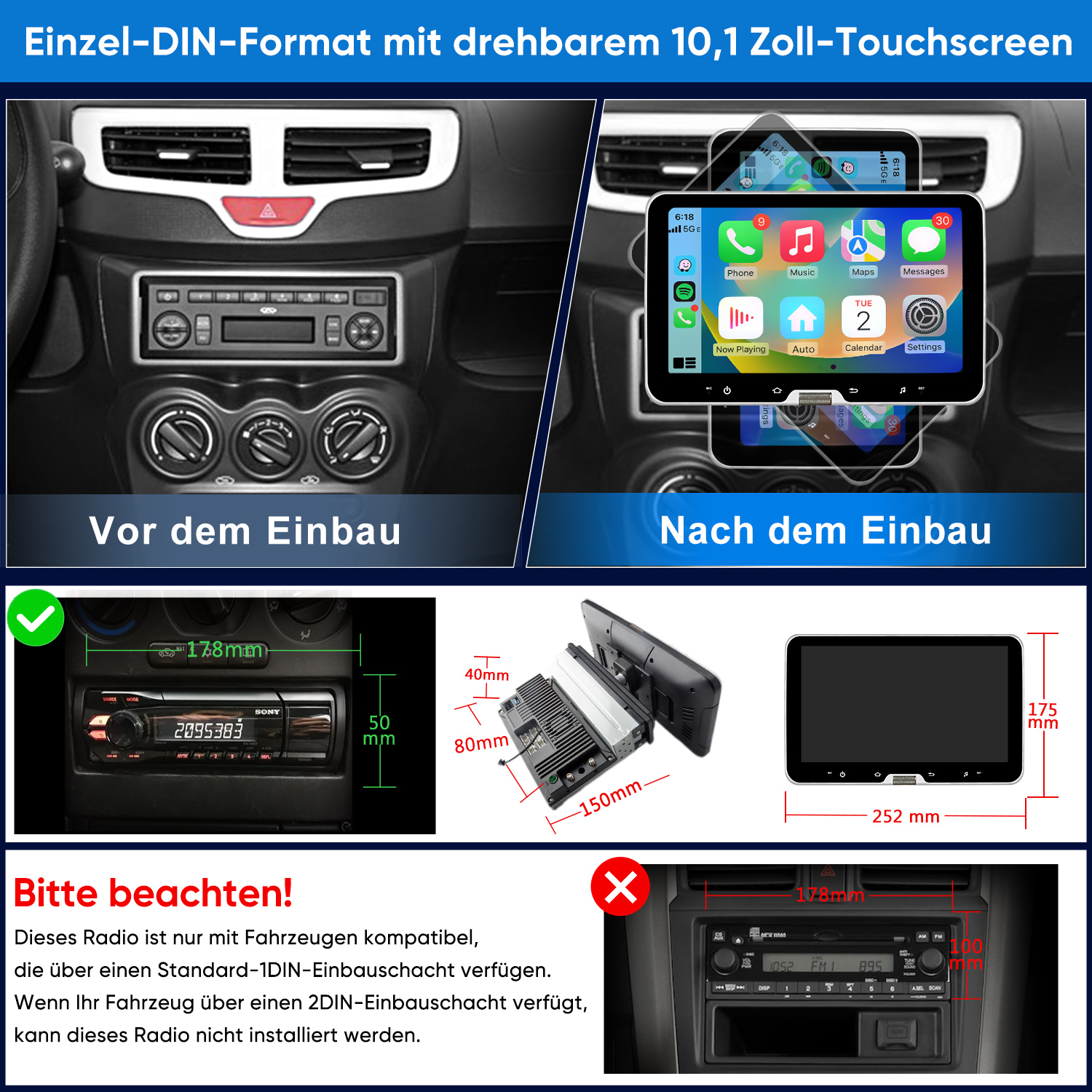 Vorher/Nachher Einbau eines 10,1 Zoll Touchscreens mit Maßen.