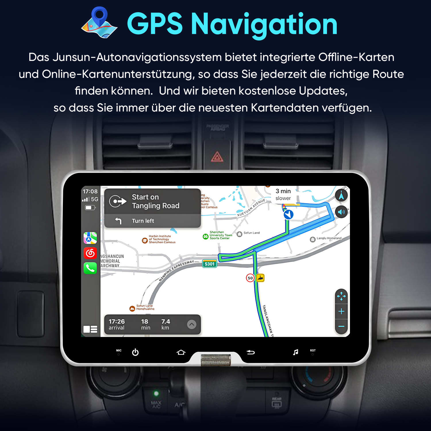 Navigations-App auf einem Auto-Touchscreen zeigt eine Route, Ankunftszeit und Entfernung.