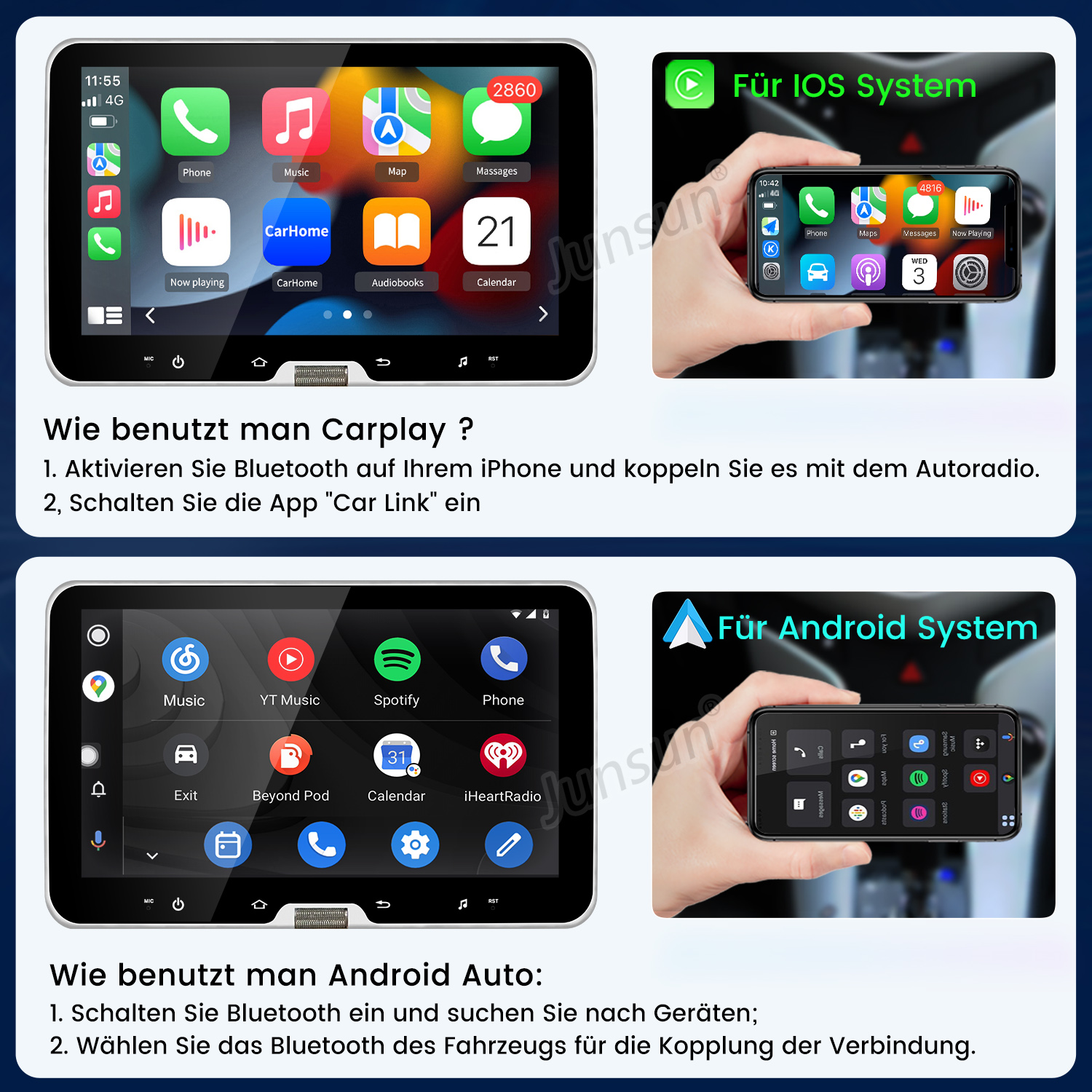 Zwei Bildschirme: Oben CarPlay-Interface, unten Android Auto-Interface.