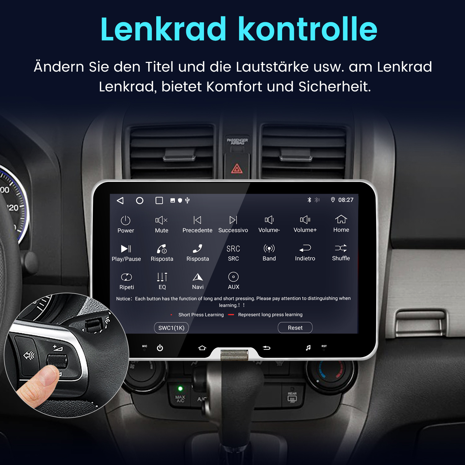 Das Bild zeigt ein Auto-Infotainmentsystem mit Lenkradsteuerung und Optionen.