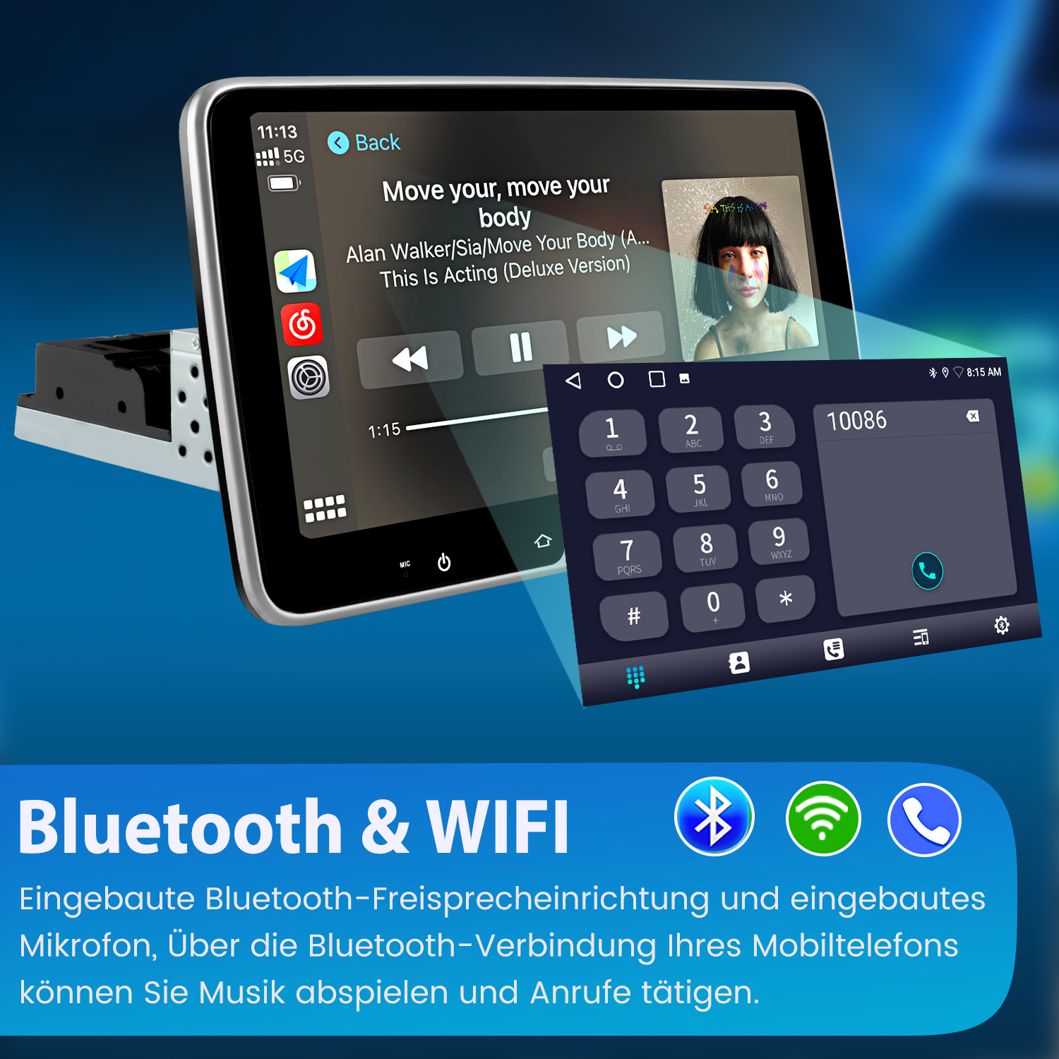 Ein Autoradio mit Touchscreen zeigt Musik und Wählfeld. Unten steht "Bluetooth & WIFI".