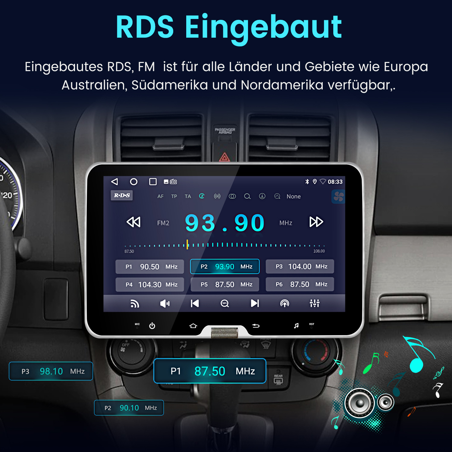Das Bild zeigt ein Autoradio mit RDS und FM-Funktion, das auf 93.90 MHz eingestellt ist.