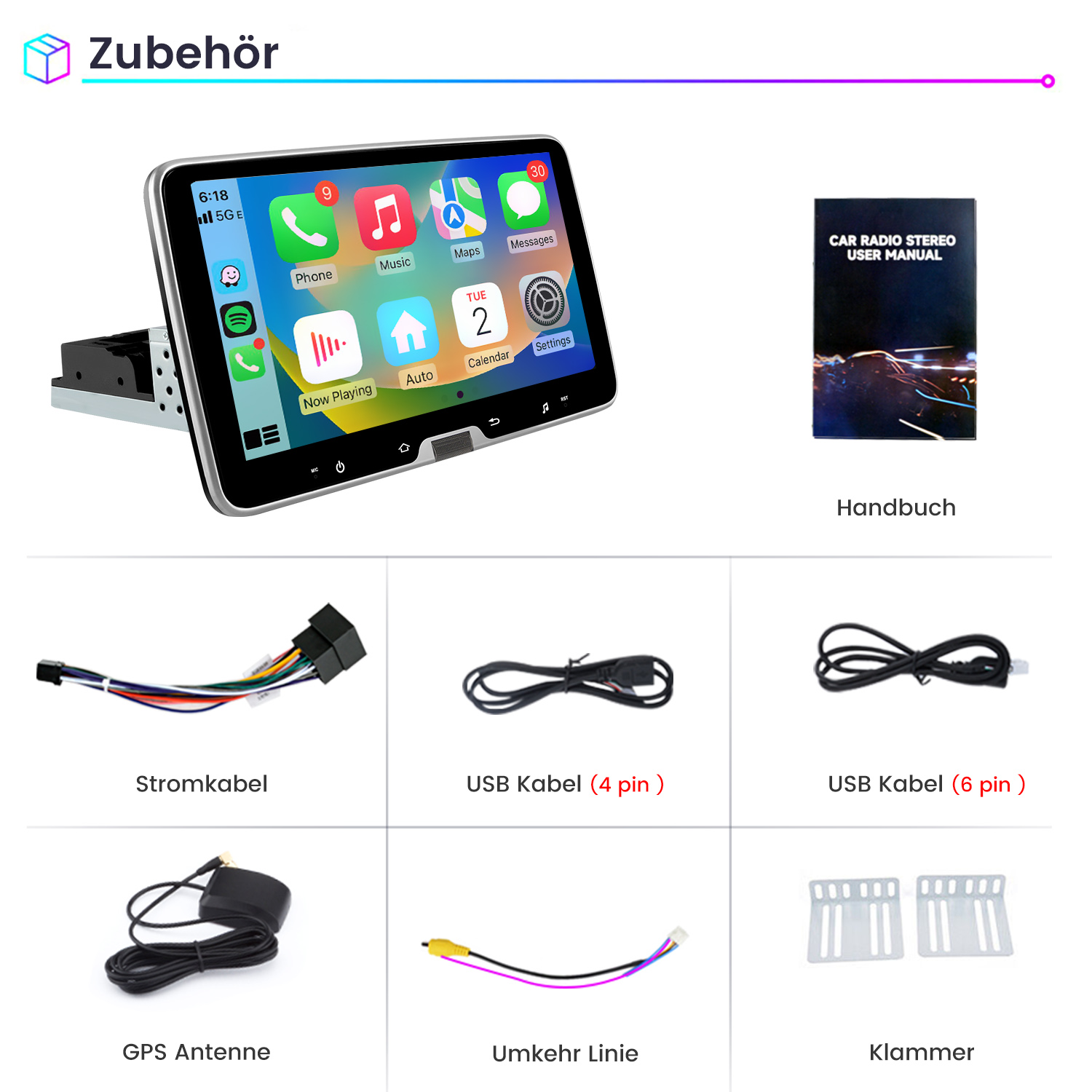 Ein Autoradio-Display mit Apps, ein Handbuch und Zubehör wie Kabel und Halterungen.