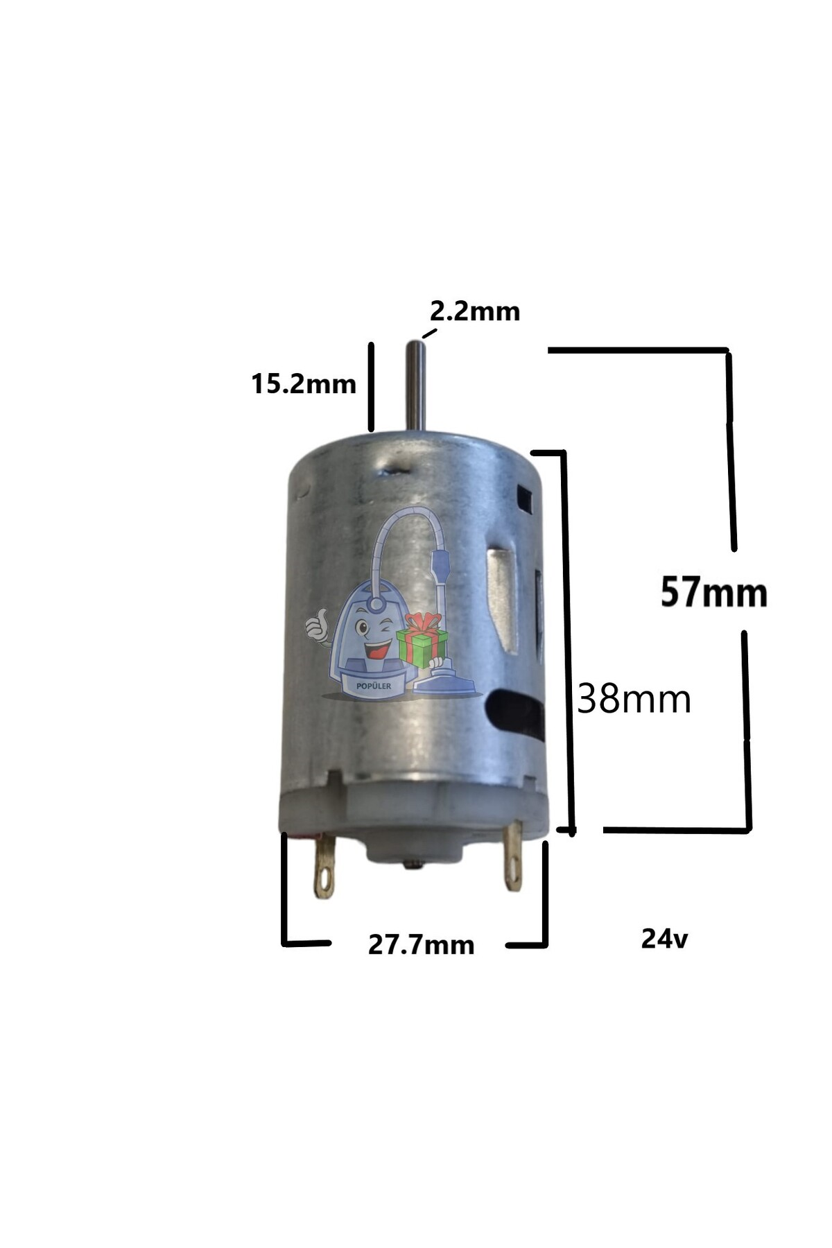 Gümüş elektrik motoru boyutları: 2,2 mm, 15,2 mm, 27,7 mm, 38 mm, 57 mm ve 24 V.