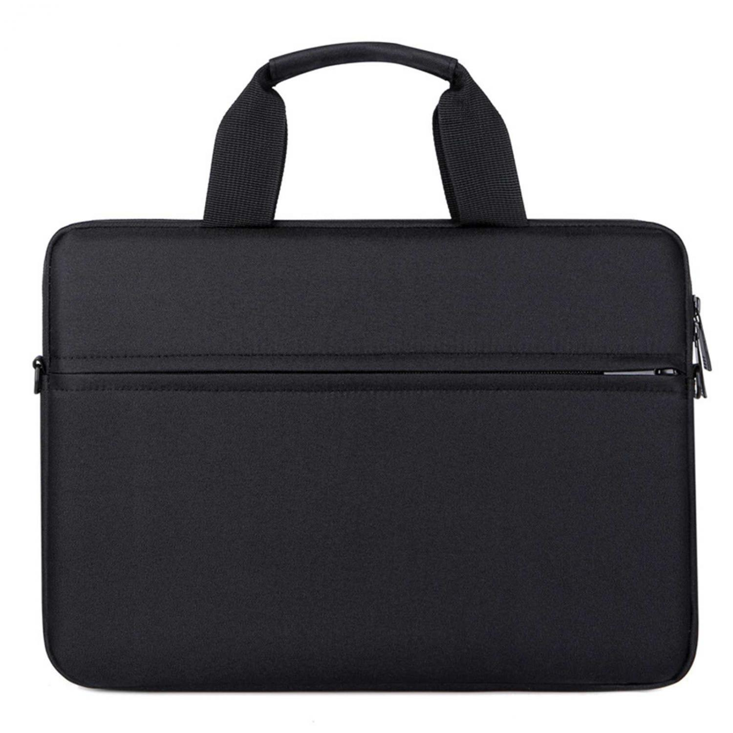 Schwarze Laptoptasche mit Tragegriffen und Reißverschluss.