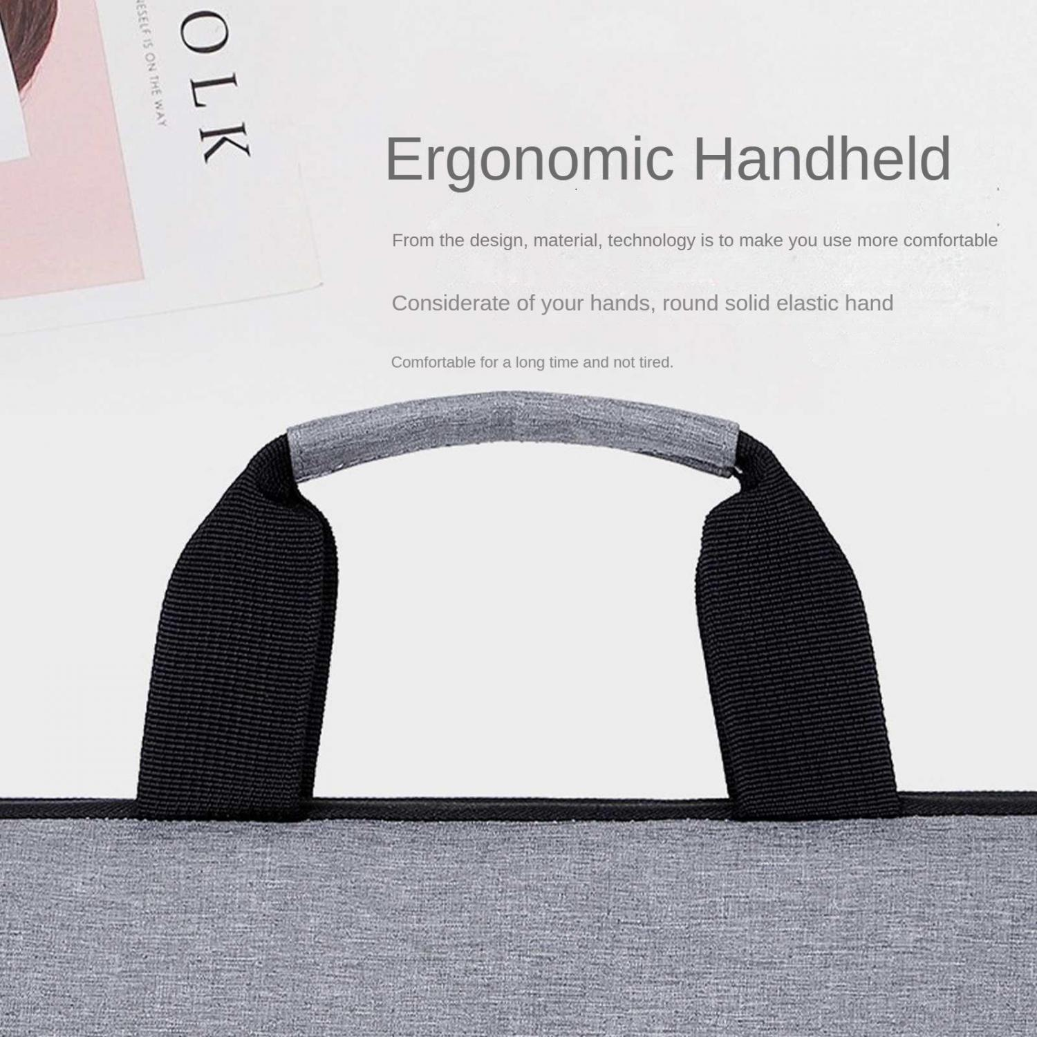 Graue Tasche mit schwarzen Tragegriffen und Text, der Ergonomie hervorhebt.