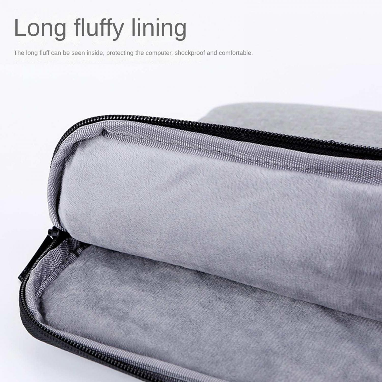 Graues Laptop-Etui mit weichem, flauschigem Futter und Reißverschluss.