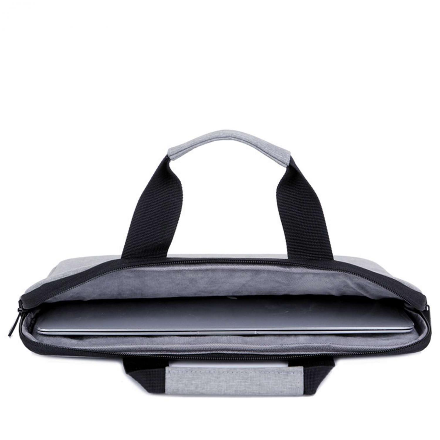 Graue Laptoptasche mit schwarzem Reißverschluss und Laptop im Inneren.