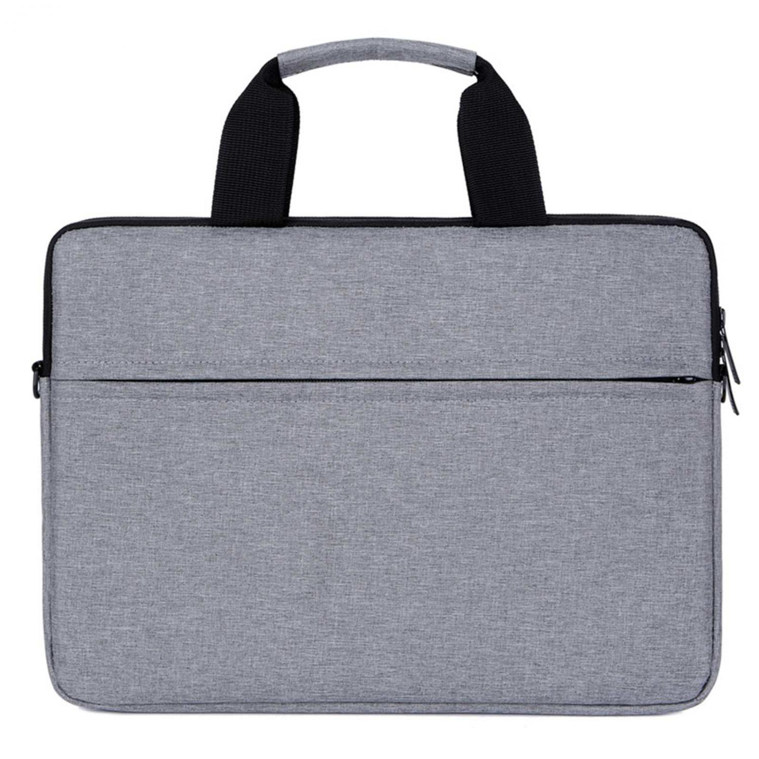 Graue Laptoptasche mit schwarzen Tragegriffen und Reißverschluss.