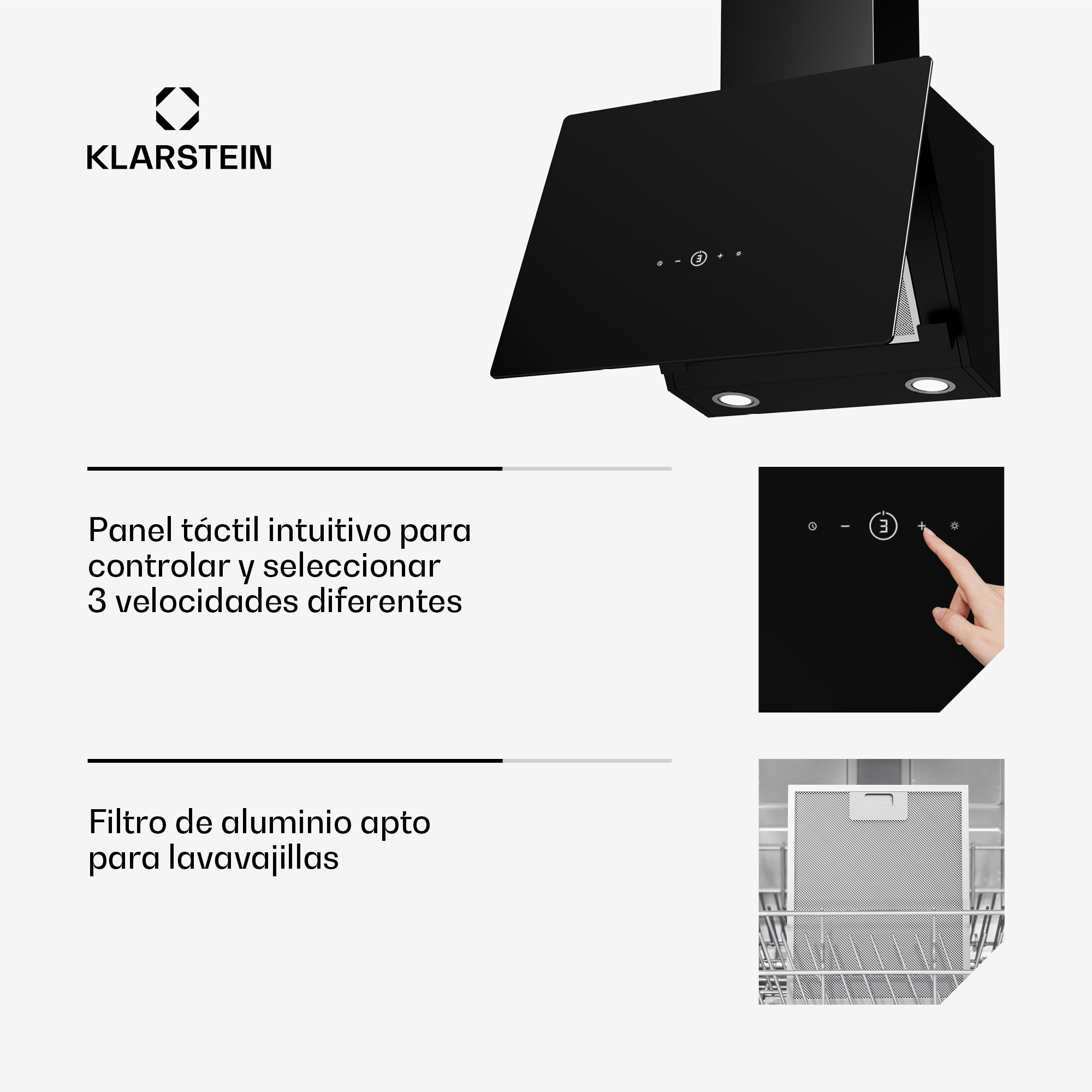 Schwarze Dunstabzugshaube mit Touchpanel und beleuchtetem Filter.