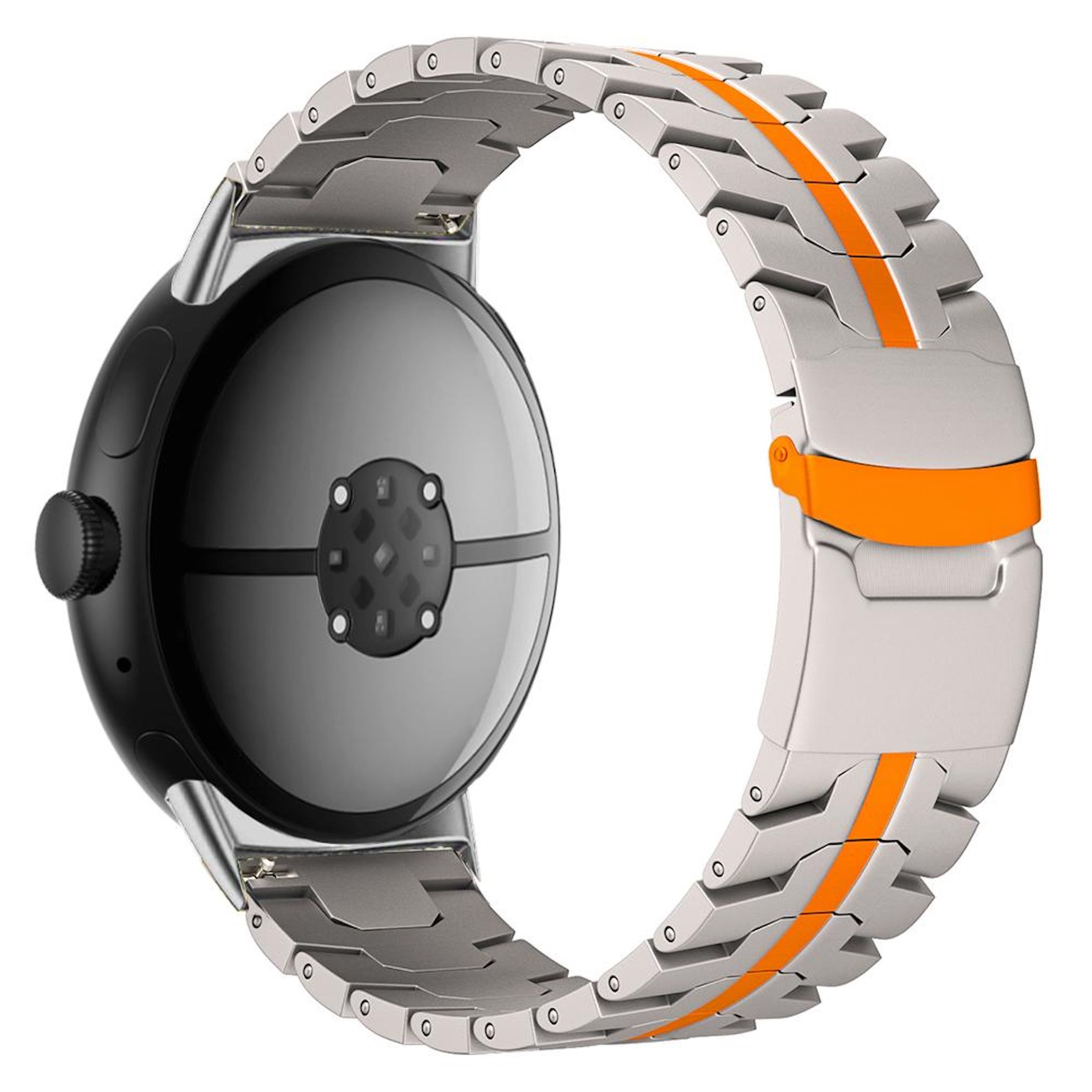 Eine silberne Uhr mit einem schwarzen Zifferblatt und einem orange-silbernen Armband.
