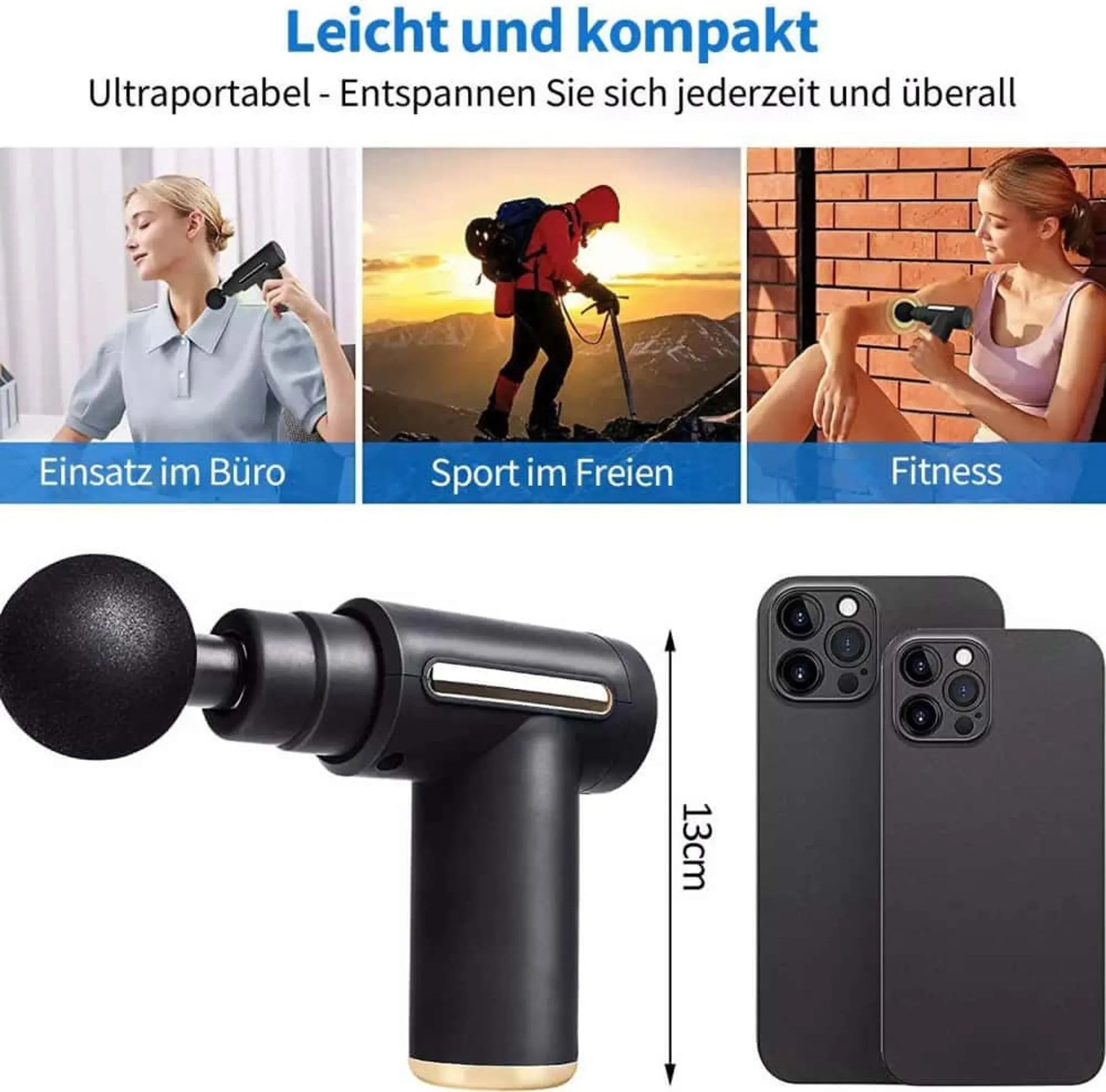 Ein schwarzes Massagegerät mit verschiedenen Aufsätzen und zwei Handyhüllen.