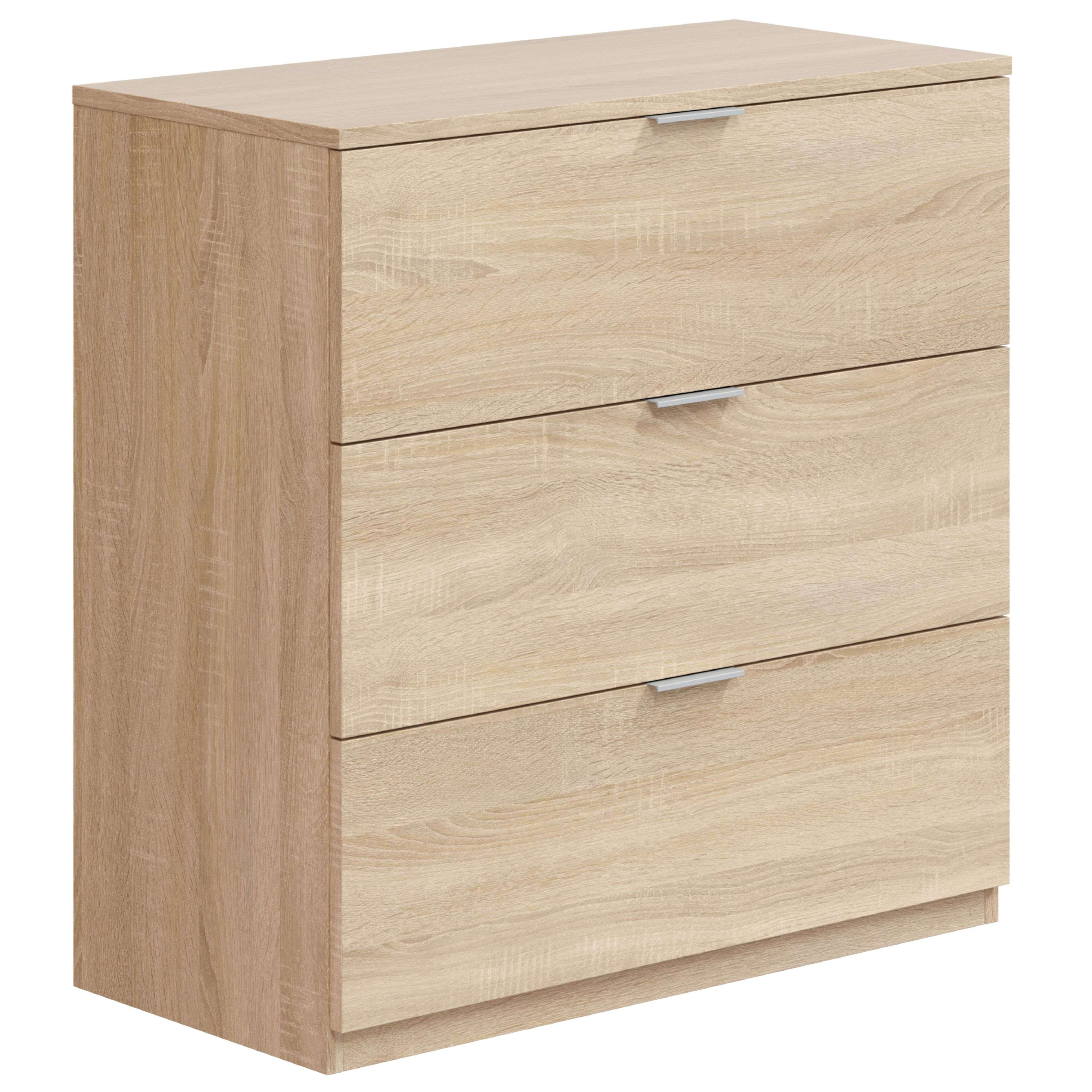 Un tocador de madera clara con tres cajones y tiradores plateados.