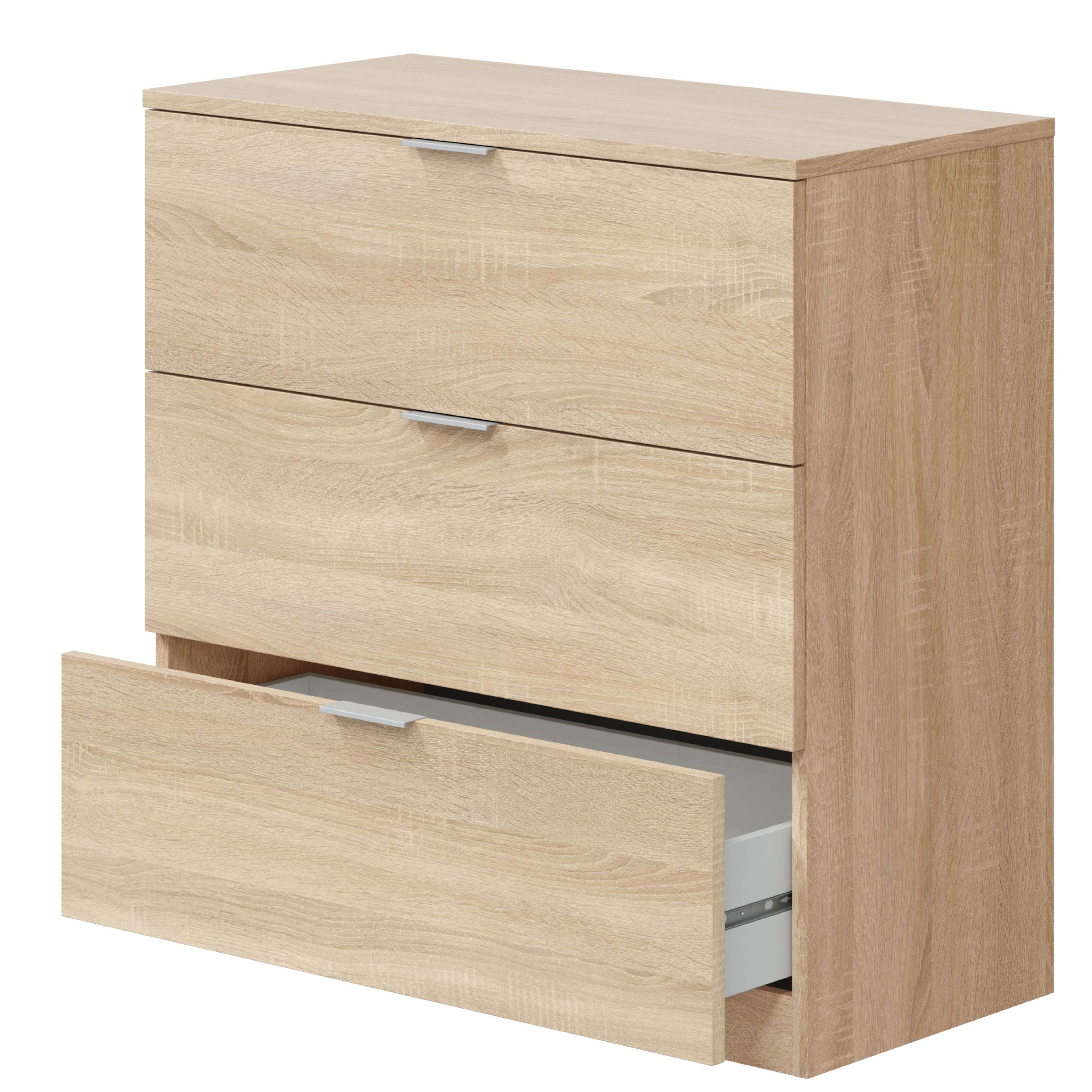 Cómoda de madera clara con tres cajones, uno de ellos abierto.