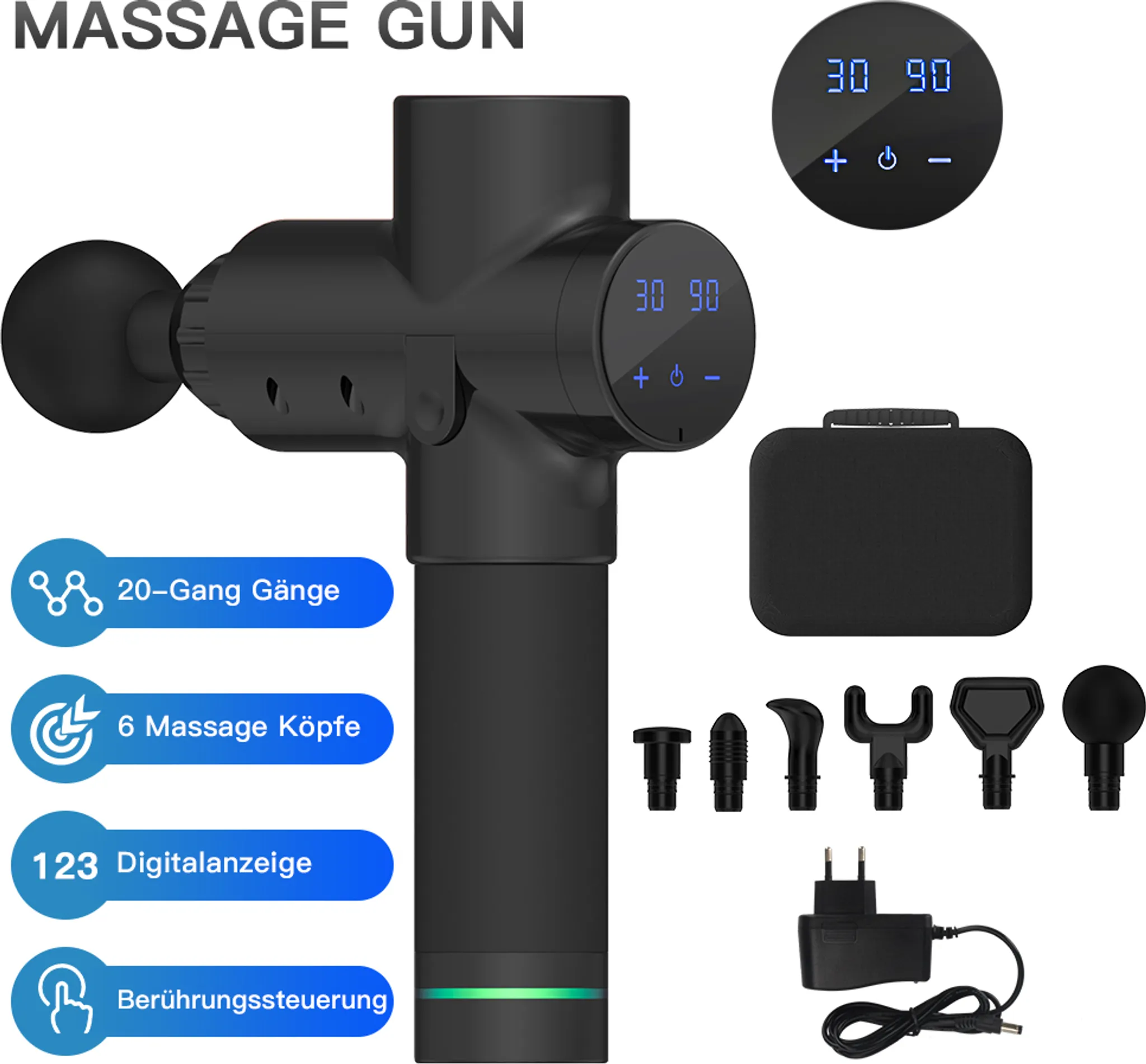 Schwarze Massagepistole mit 6 Aufsätzen, Ladekabel und Koffer. Digitalanzeige.