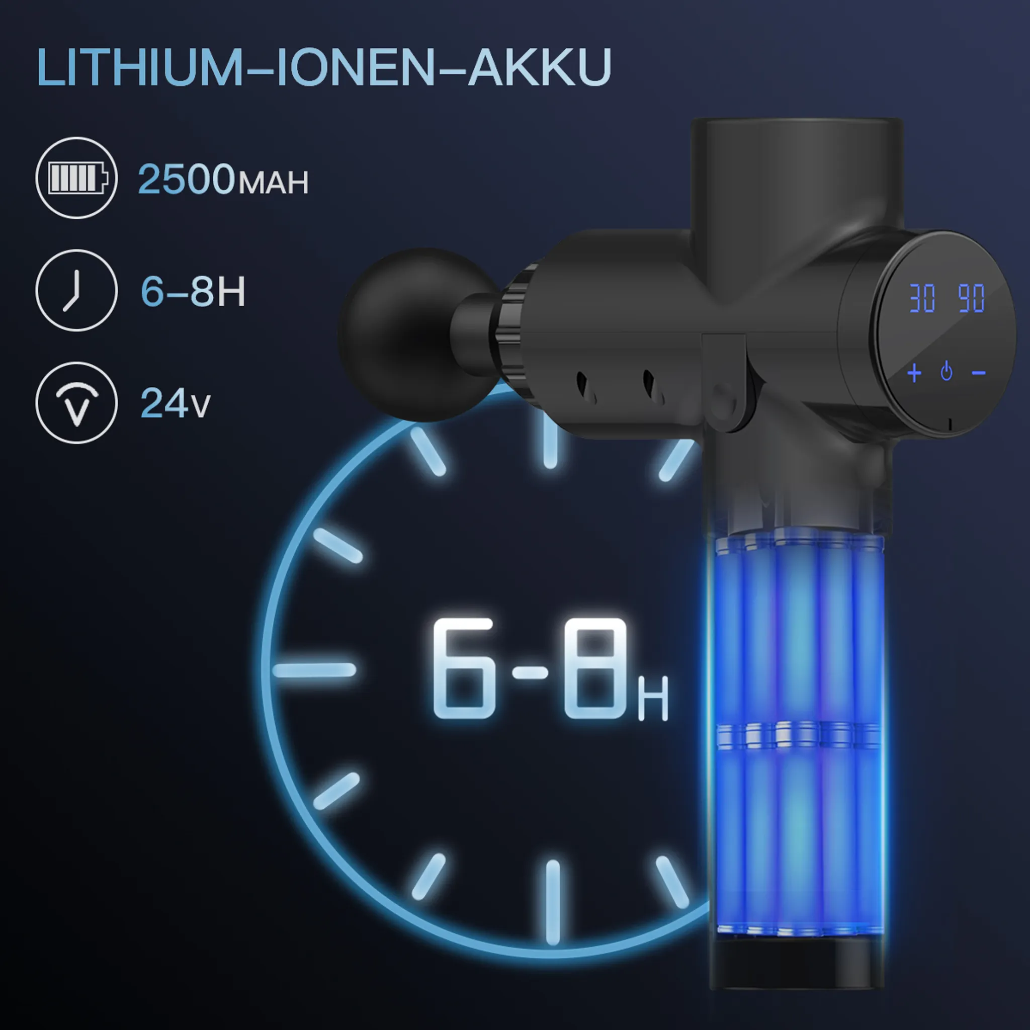 Ein schwarzes Massagegerät mit blauen Batterien und Spezifikationen.
