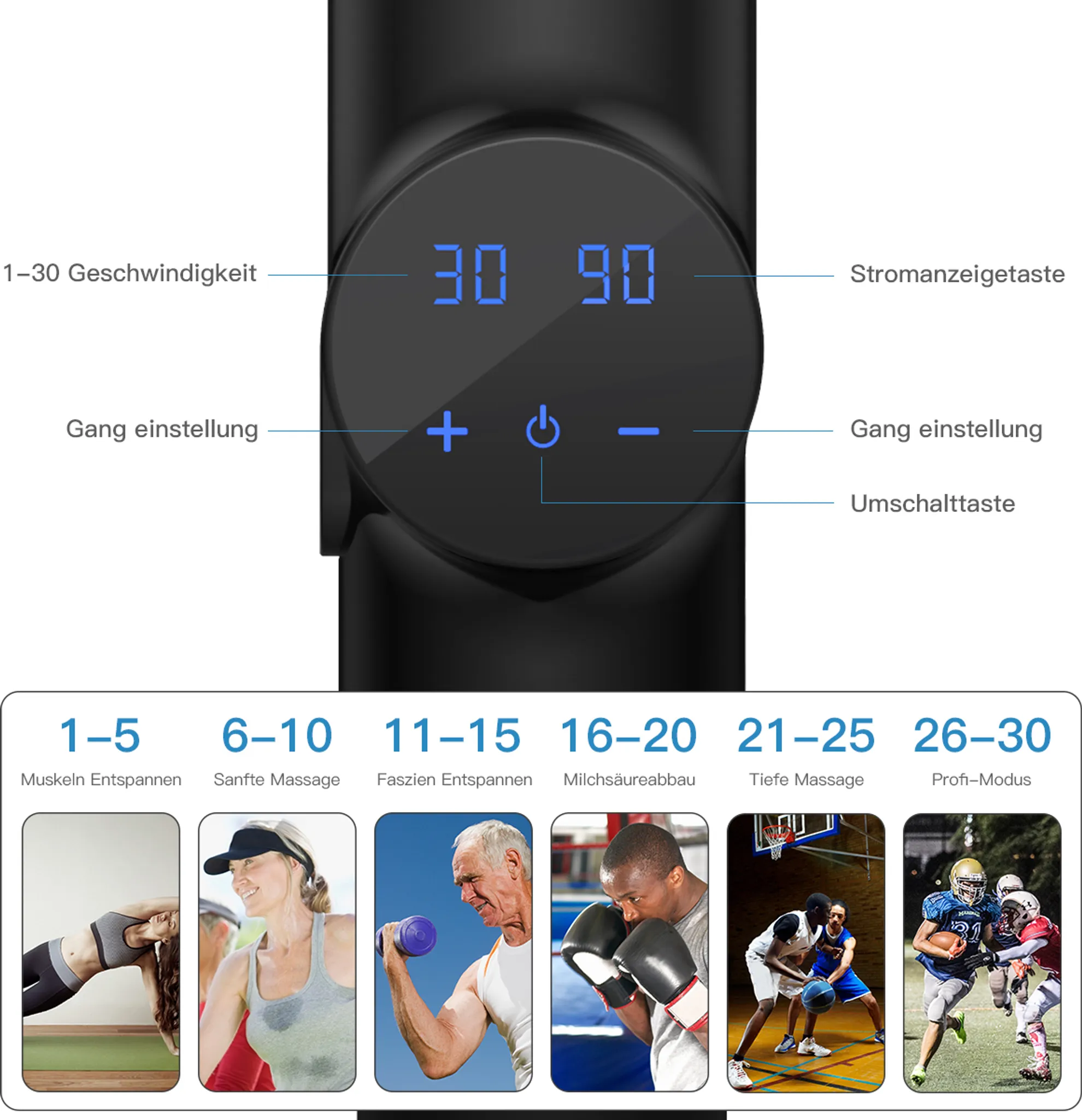 Massagegerät mit digitaler Anzeige für Geschwindigkeit und Modus.