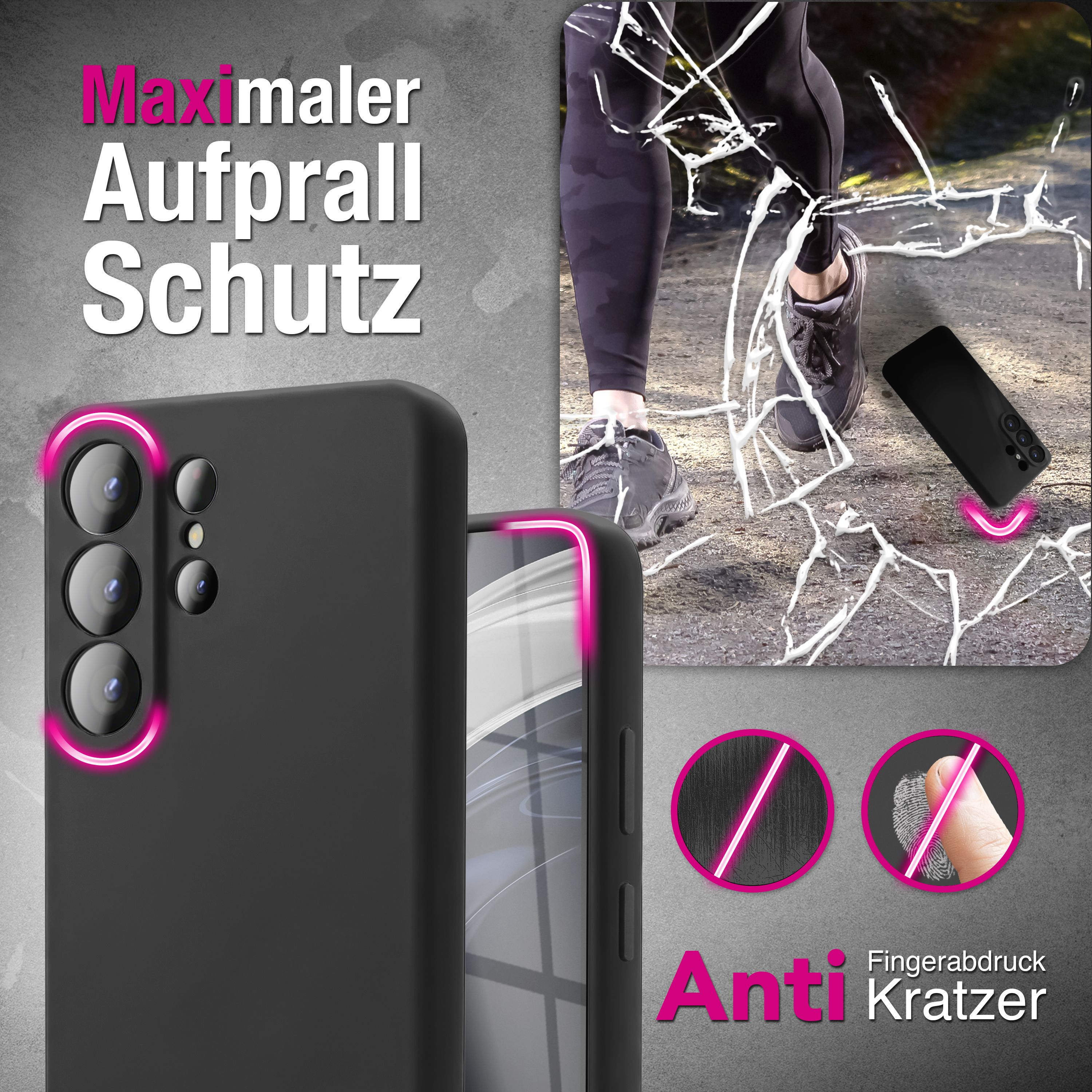 Schwarzes Handycase mit Kameras, vor zerbrochenem Glas und Beinen in Sportkleidung.