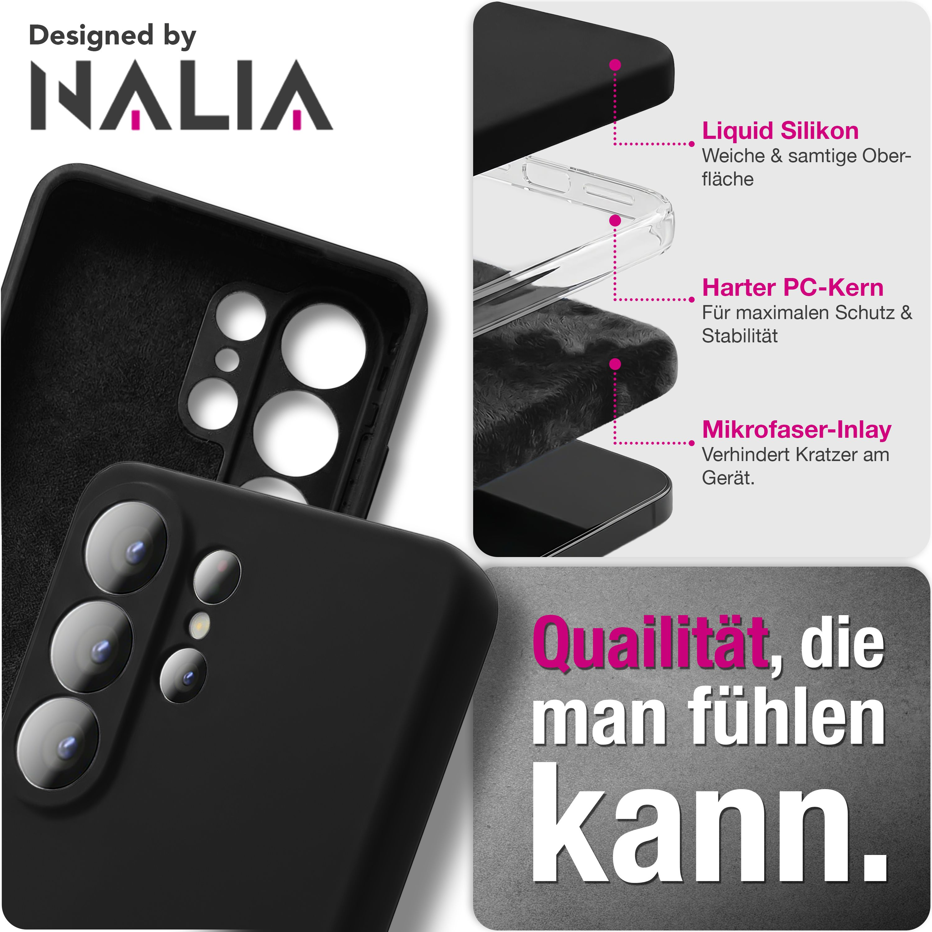 Nalia Handyhülle: Silikon, PC-Kern, Mikrofaser. Qualität spürbar.