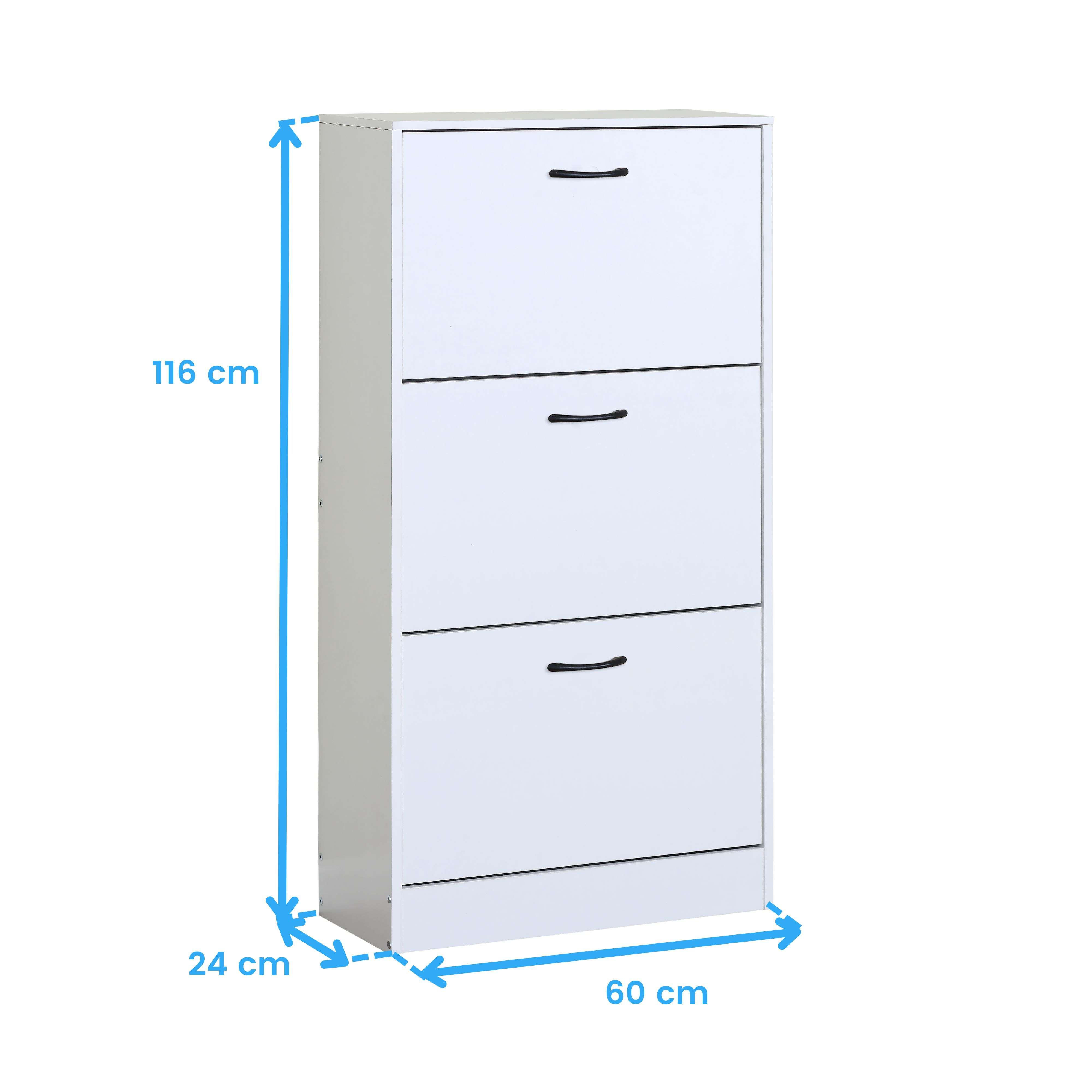 Zapatero blanco con tres puertas abatibles y tiradores negros. Dimensiones: 116x60x24cm.