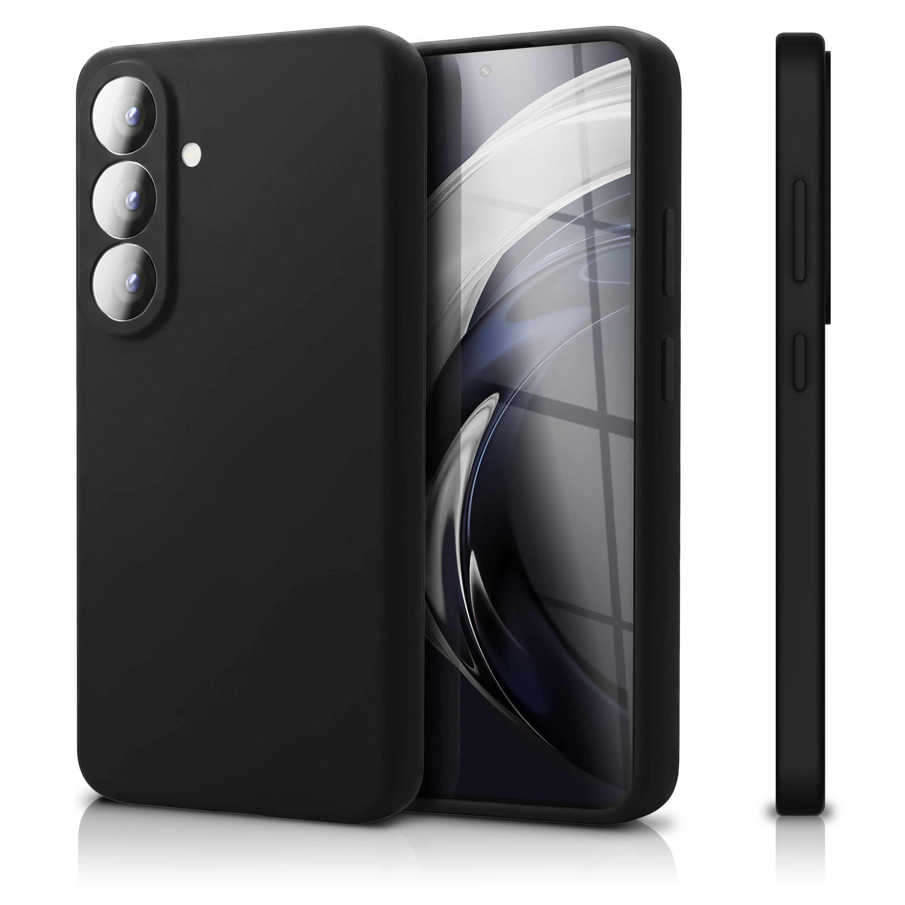 Ein schwarzes Handy mit drei Kameras und einem Blitz auf der Rückseite, das auf der Seite liegt.