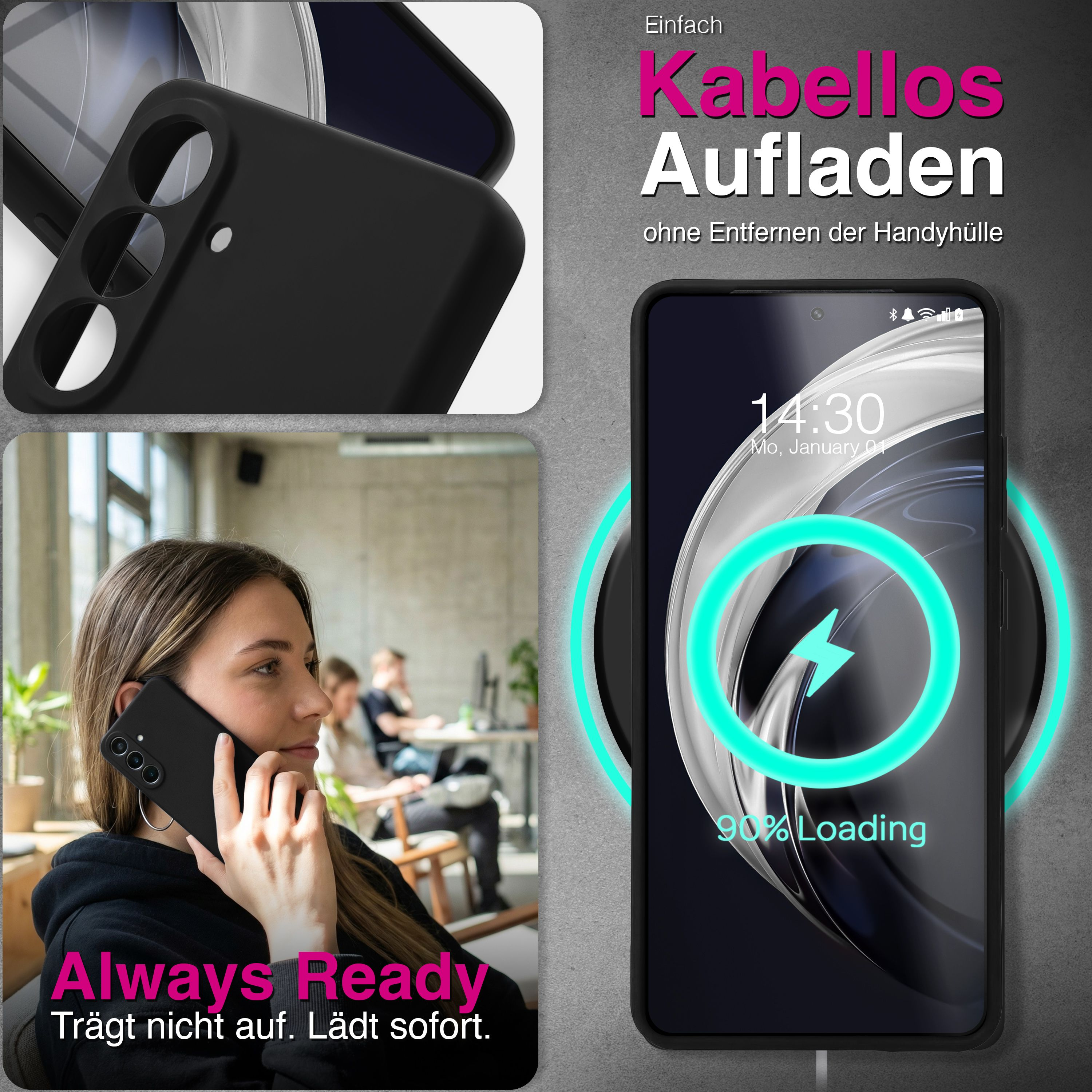 Schwarze Handyhülle wird kabellos geladen, eine Frau telefoniert.