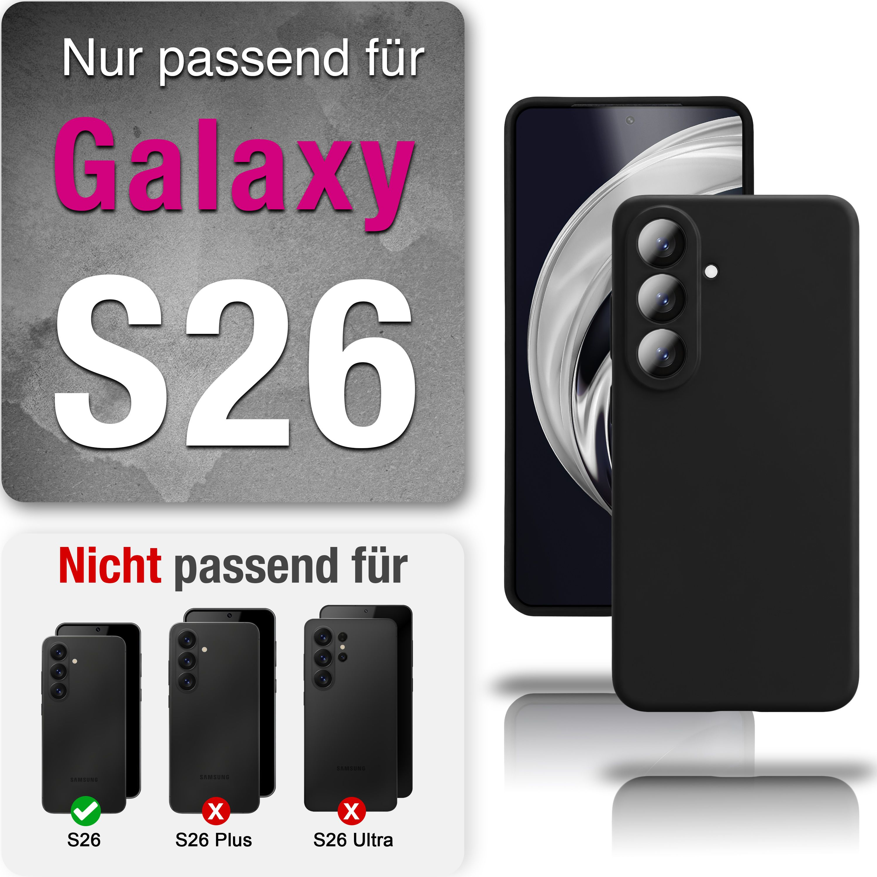 Schwarze Hülle für Samsung Galaxy S26, nicht für S26 Plus/Ultra.