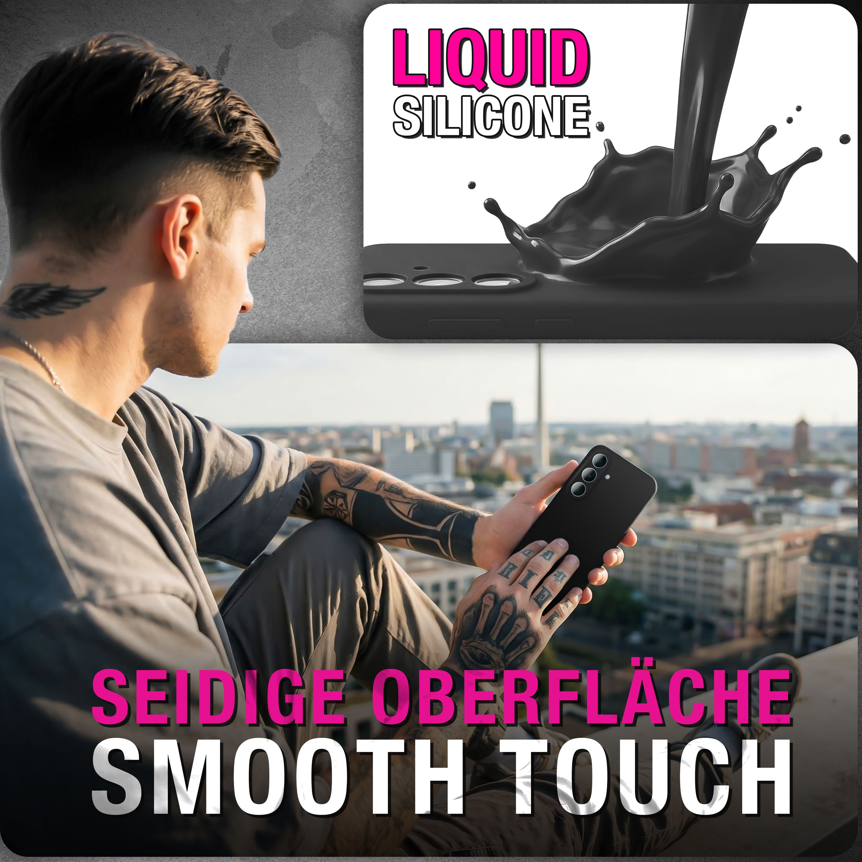 Mann mit Tattoos hält ein schwarzes Smartphone vor einer Stadtkulisse.