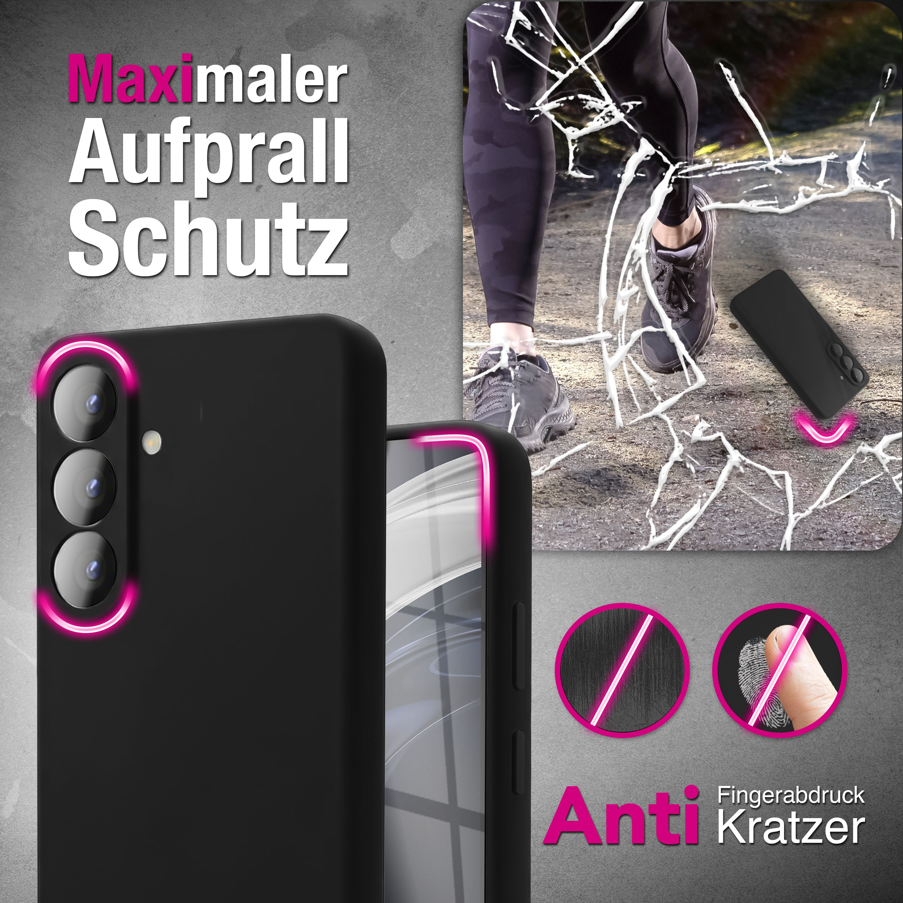 Schwarzes Handy-Case mit Neon-Rand, auf zersplittertem Boden neben einem Fuß.