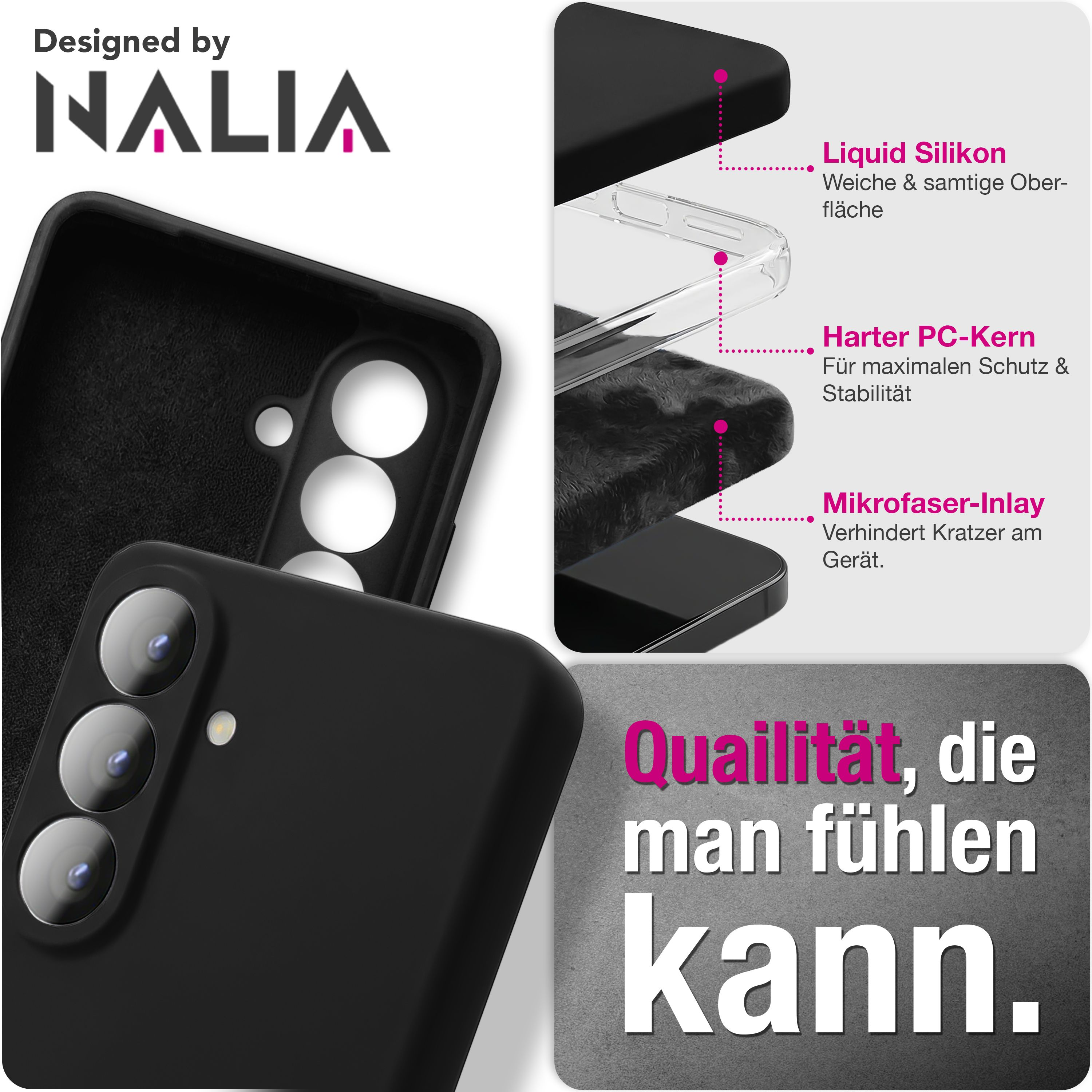 Schwarze Handyhülle mit Kameraausschnitt. Details: Liquid Silikon, Harter PC-Kern, Mikrofaser-Inlay.