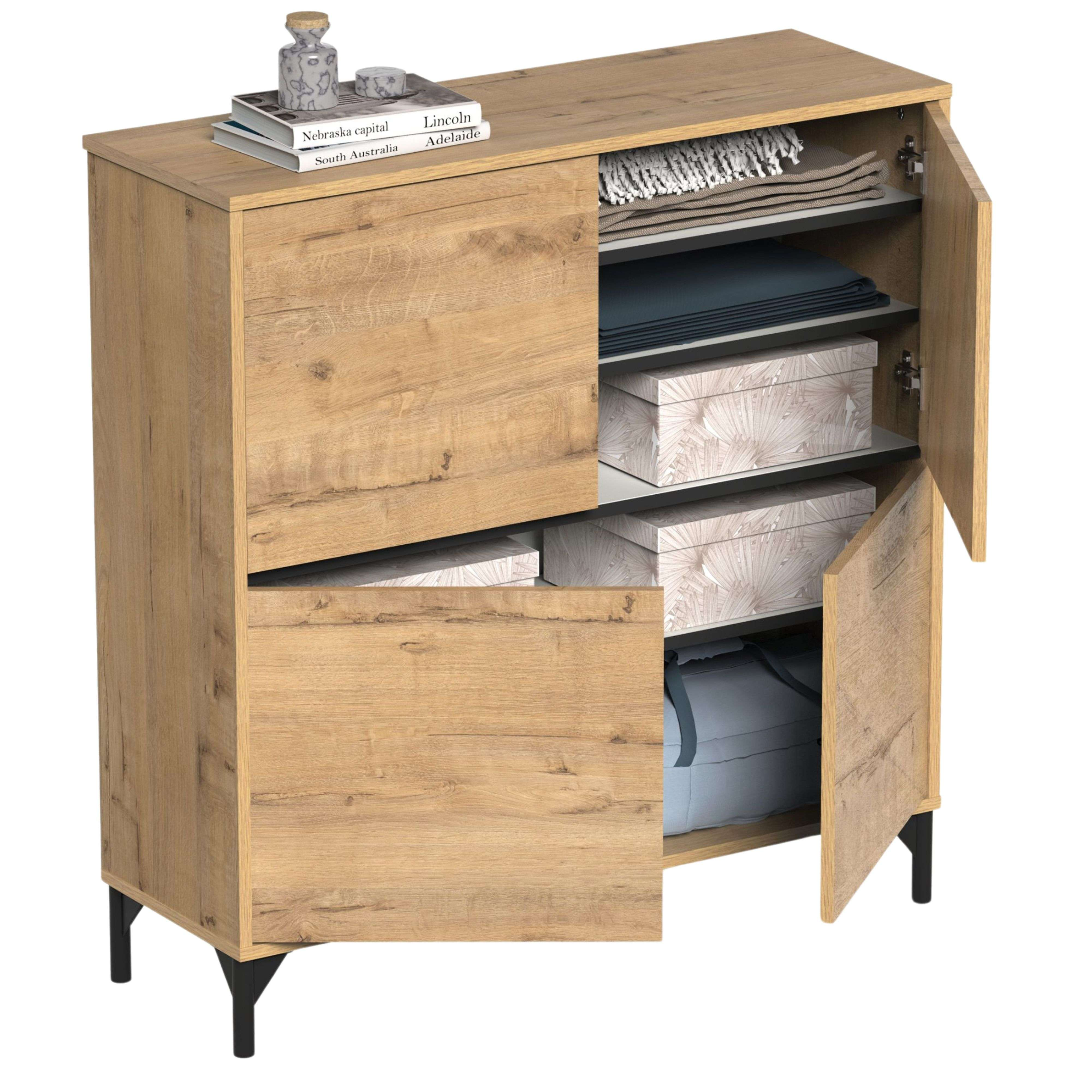 Un armario de madera con puertas abiertas, lleno de mantas y cajas.