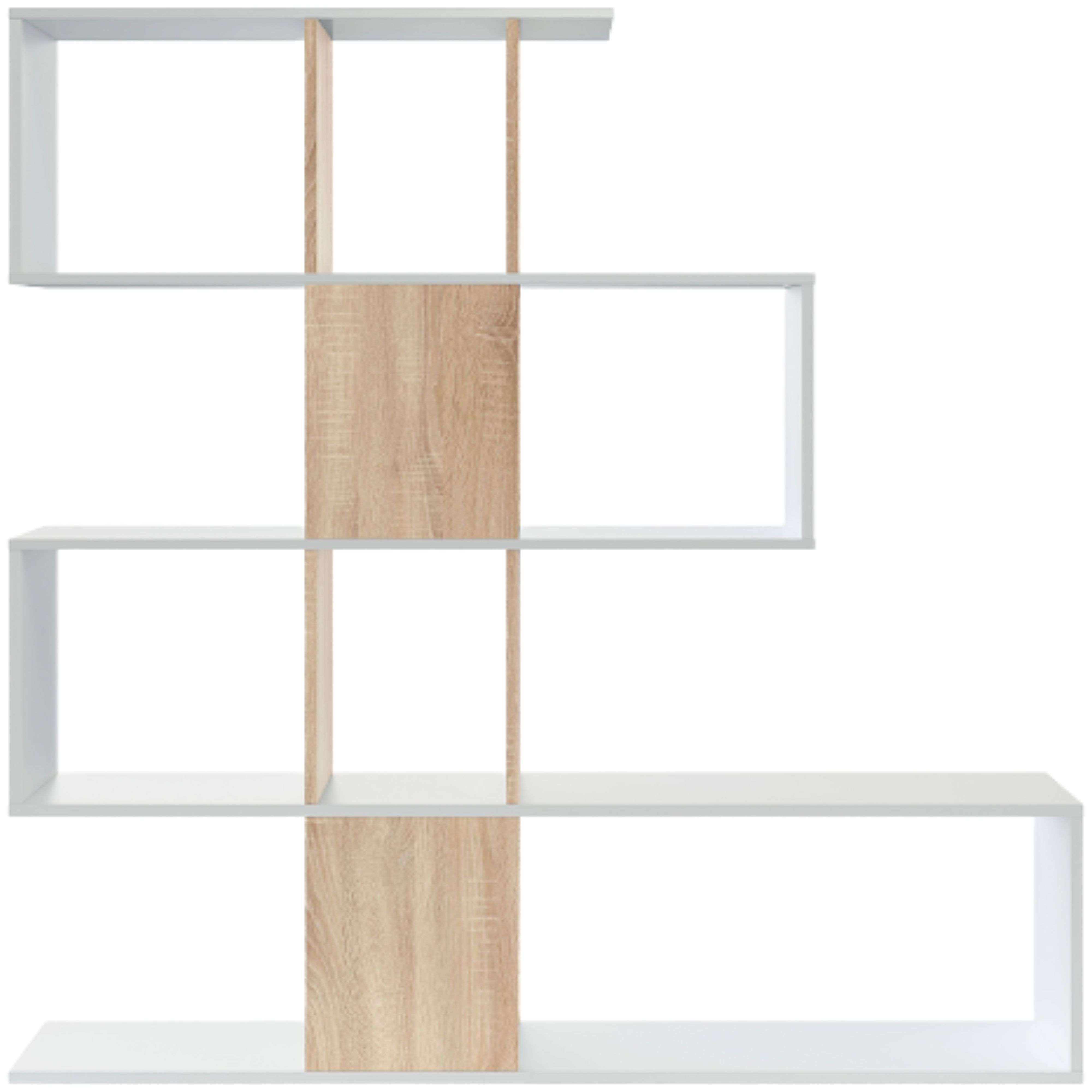 Una estantería blanca con detalles de madera, con forma de escalera.