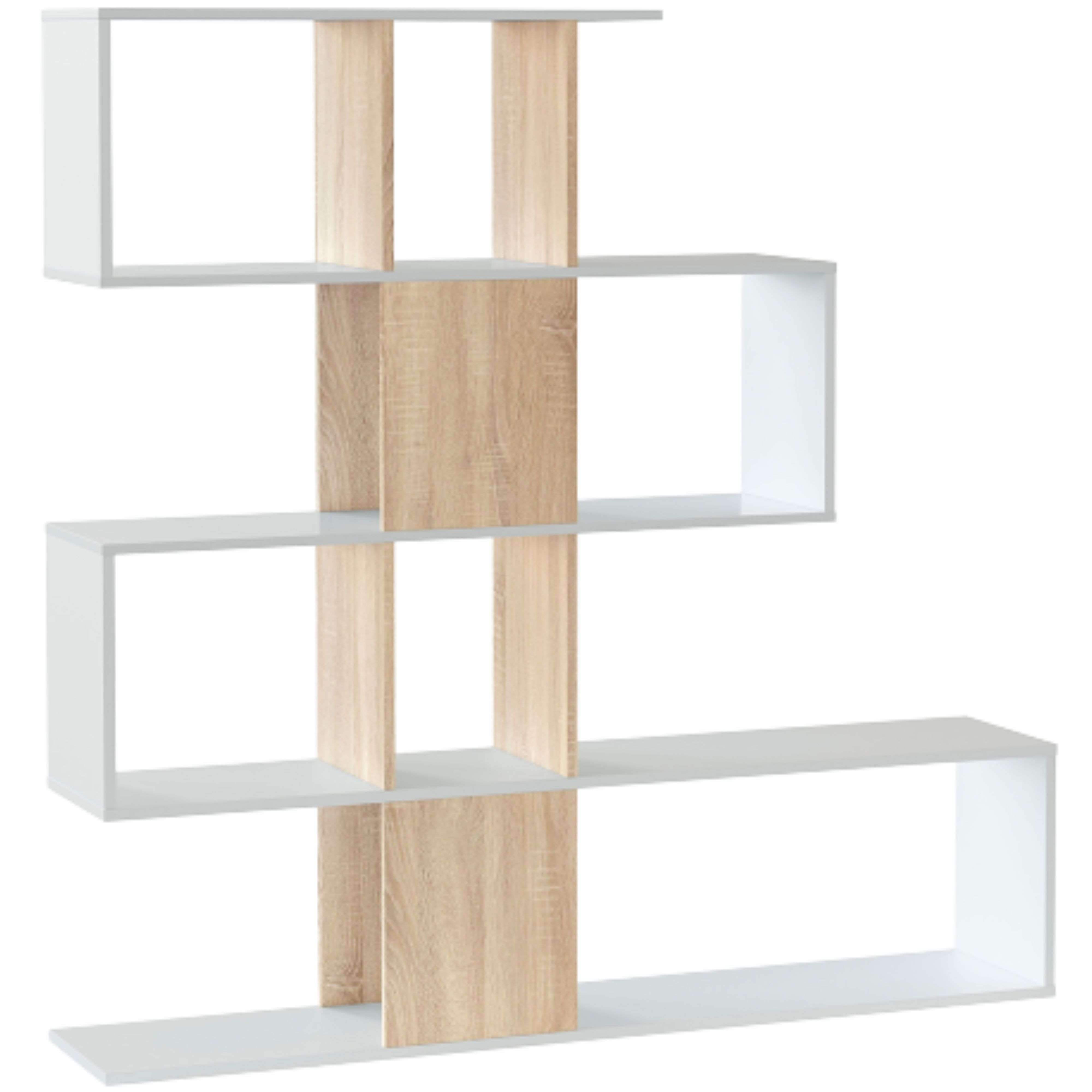 Un estante escalonado hecho de madera clara y material blanco.