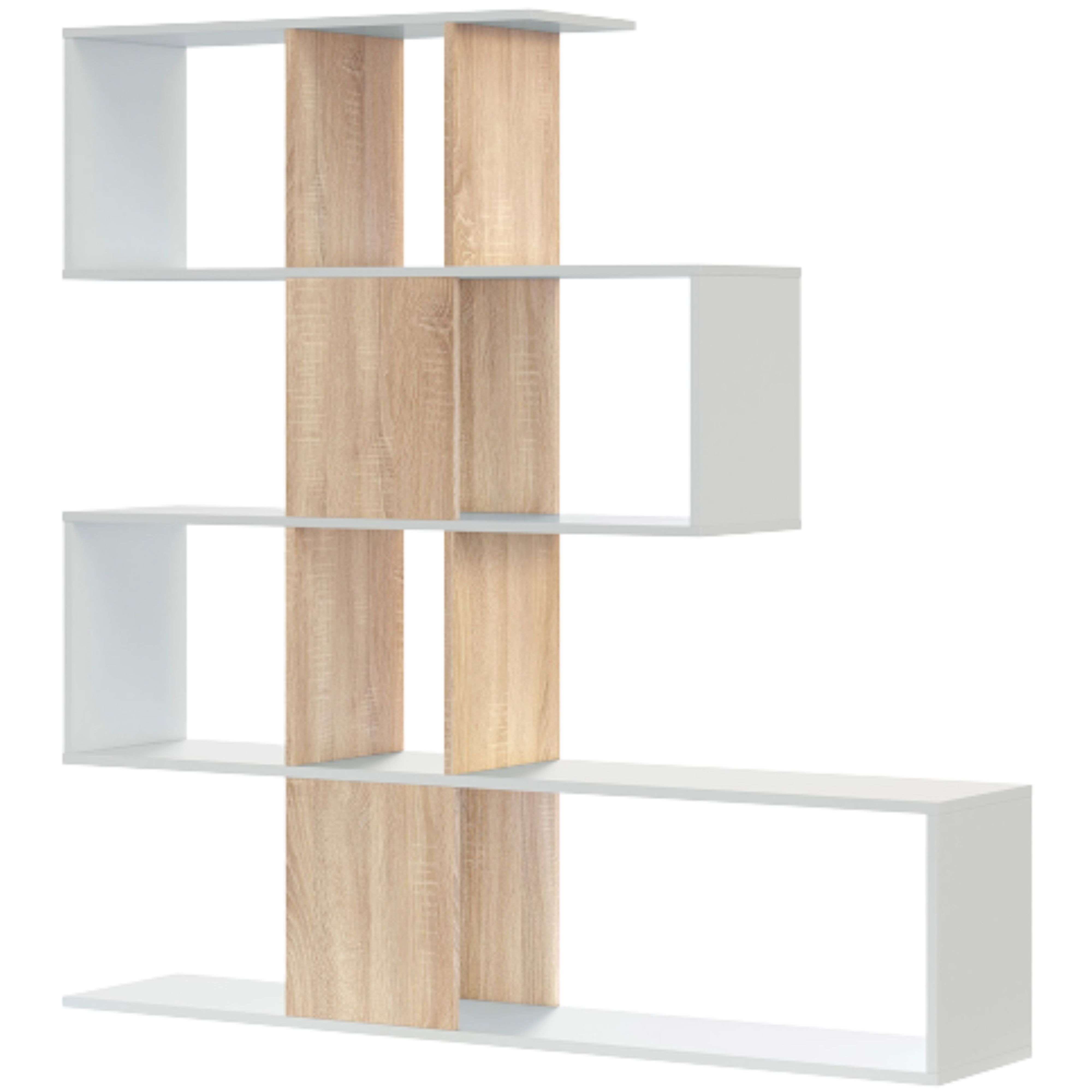 Un mueble de estantería moderno, blanco y de color madera, con estantes escalonados.