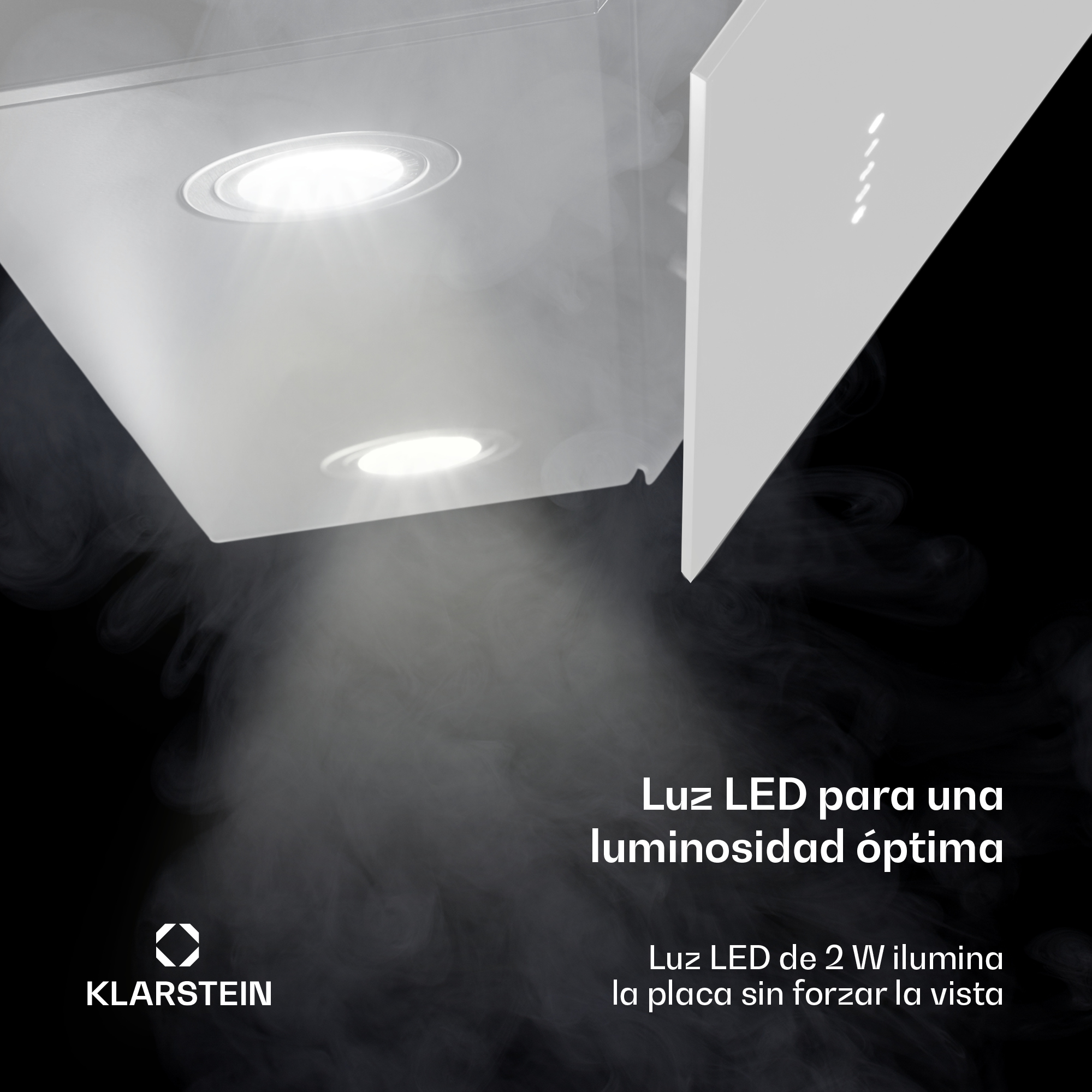 Una cappa moderna con luci LED e fumo, logo Klarstein su sfondo nero.