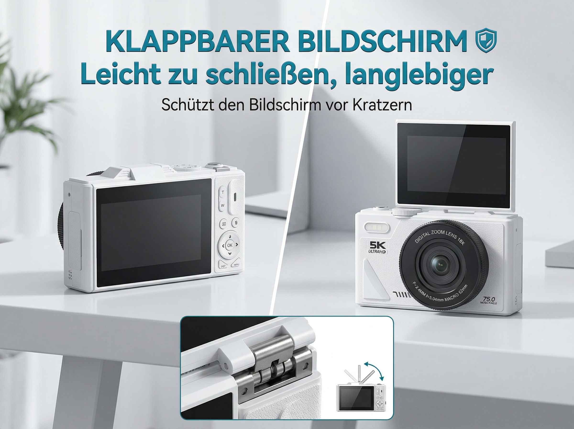 Zwei weiße Kameras mit Klappbildschirm auf weißem Tisch. Nahaufnahme des Scharniers.
