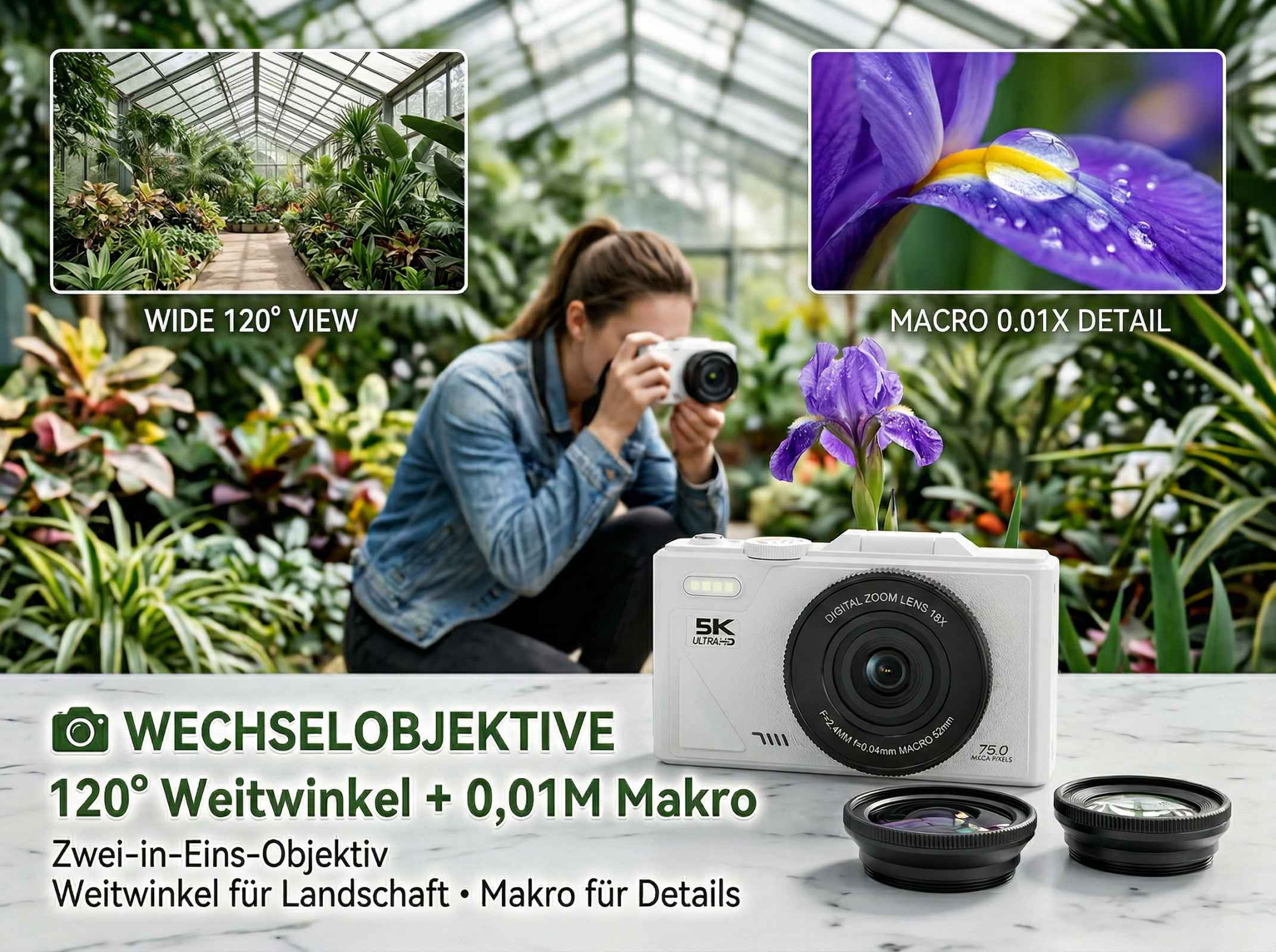 Frau fotografiert mit Kamera in Gewächshaus, Nahaufnahmen von Blumen und Objektiven.