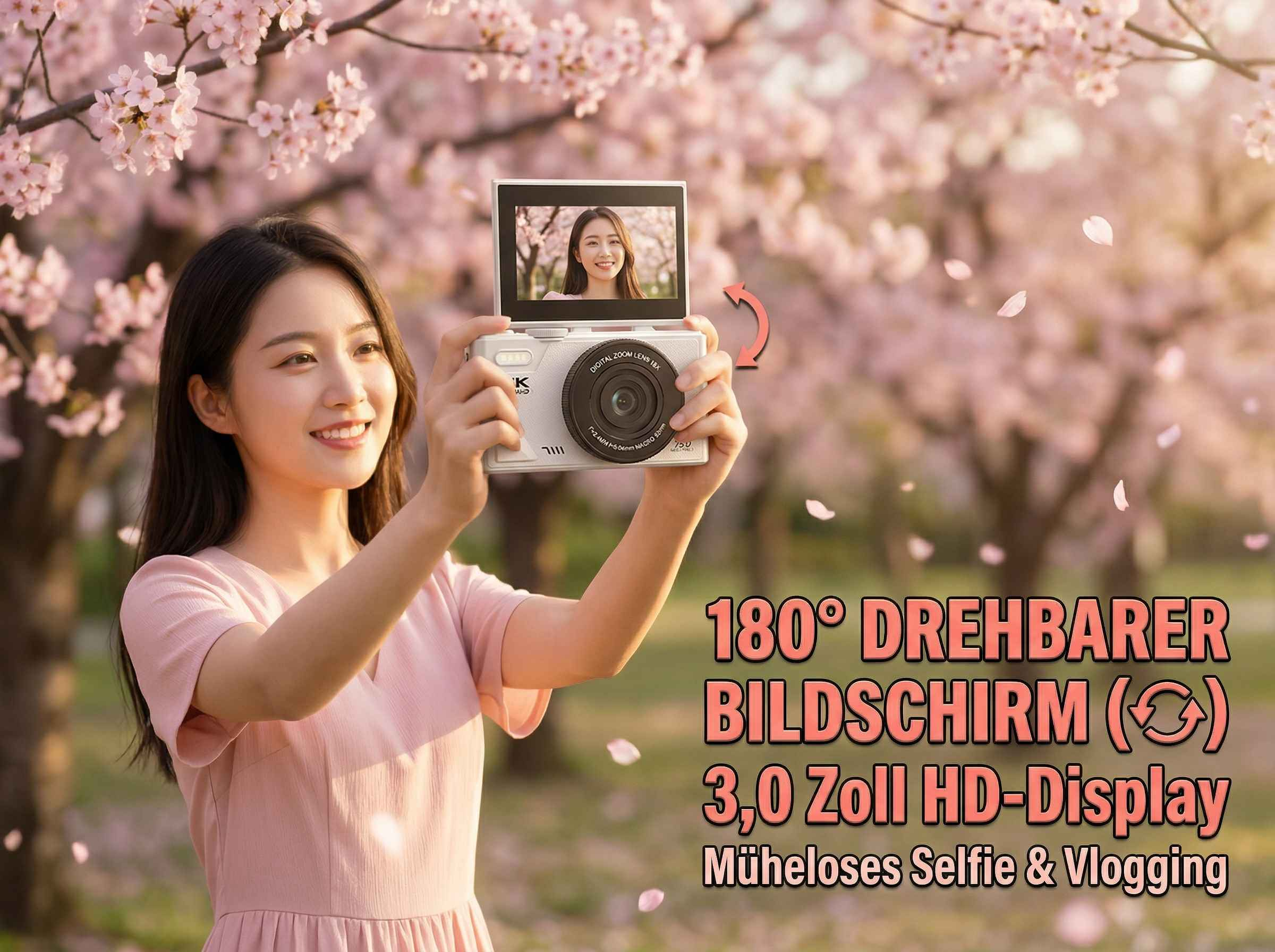 Eine Frau macht ein Selfie vor blühenden Kirschbäumen mit einer Kamera.