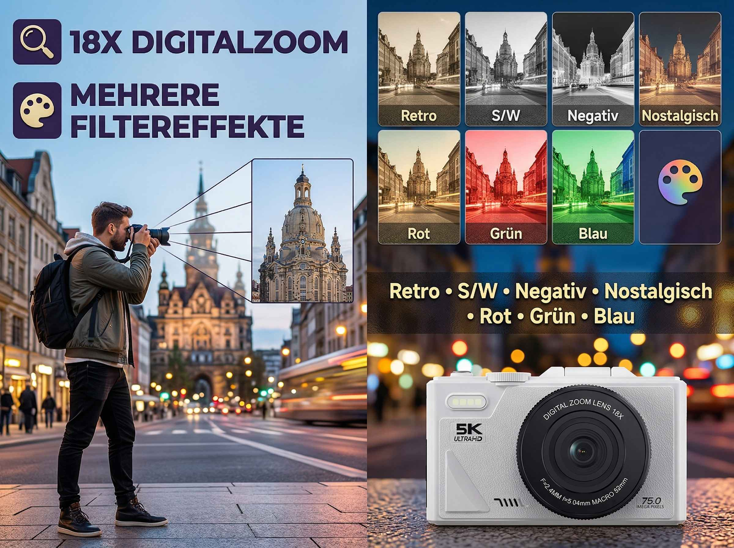 Mann fotografiert Gebäude mit 18x Zoom und Filteroptionen. Digitalkamera gezeigt.