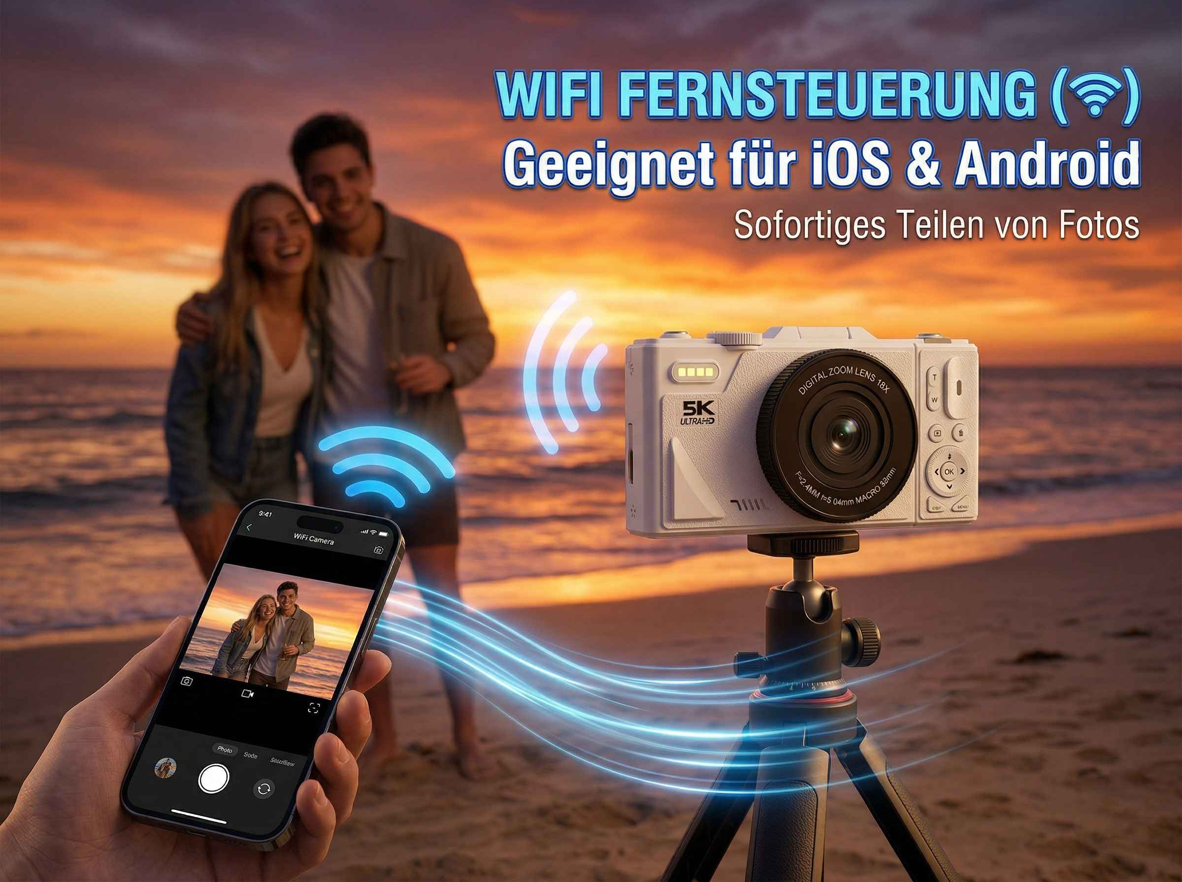 Ein Paar am Strand mit Kamera und Handy, das die Fernsteuerung zeigt.