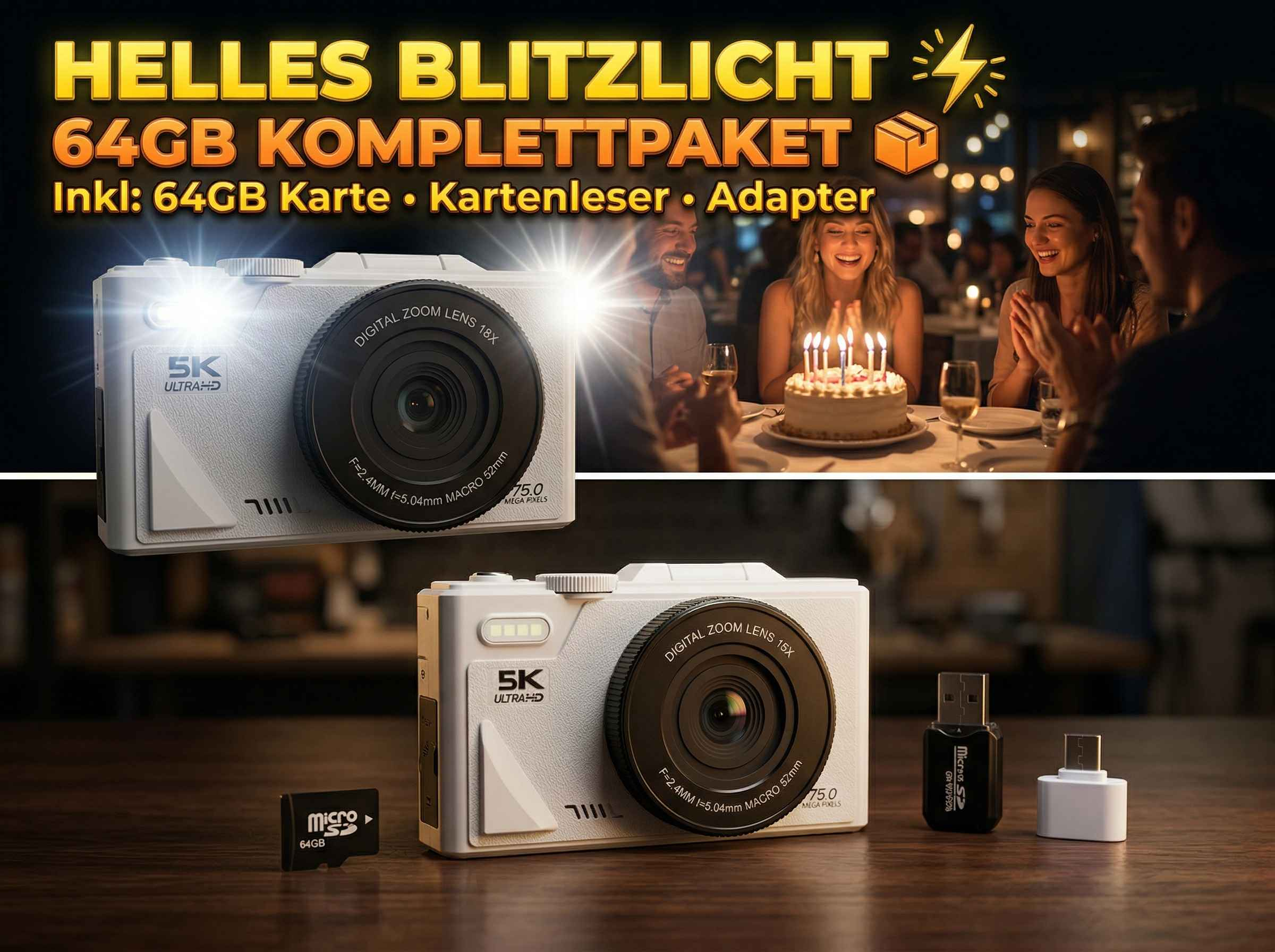 Ein weißes 5K Ultra HD Blitzlicht-Kameraset mit Zubehör auf einem Holztisch.