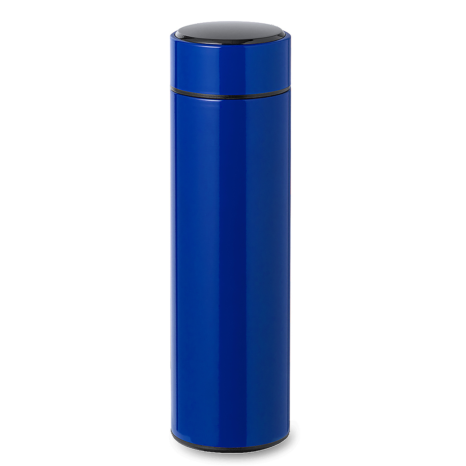 Una borraccia blu, elegante e lucida, con tappo nero, su sfondo bianco.