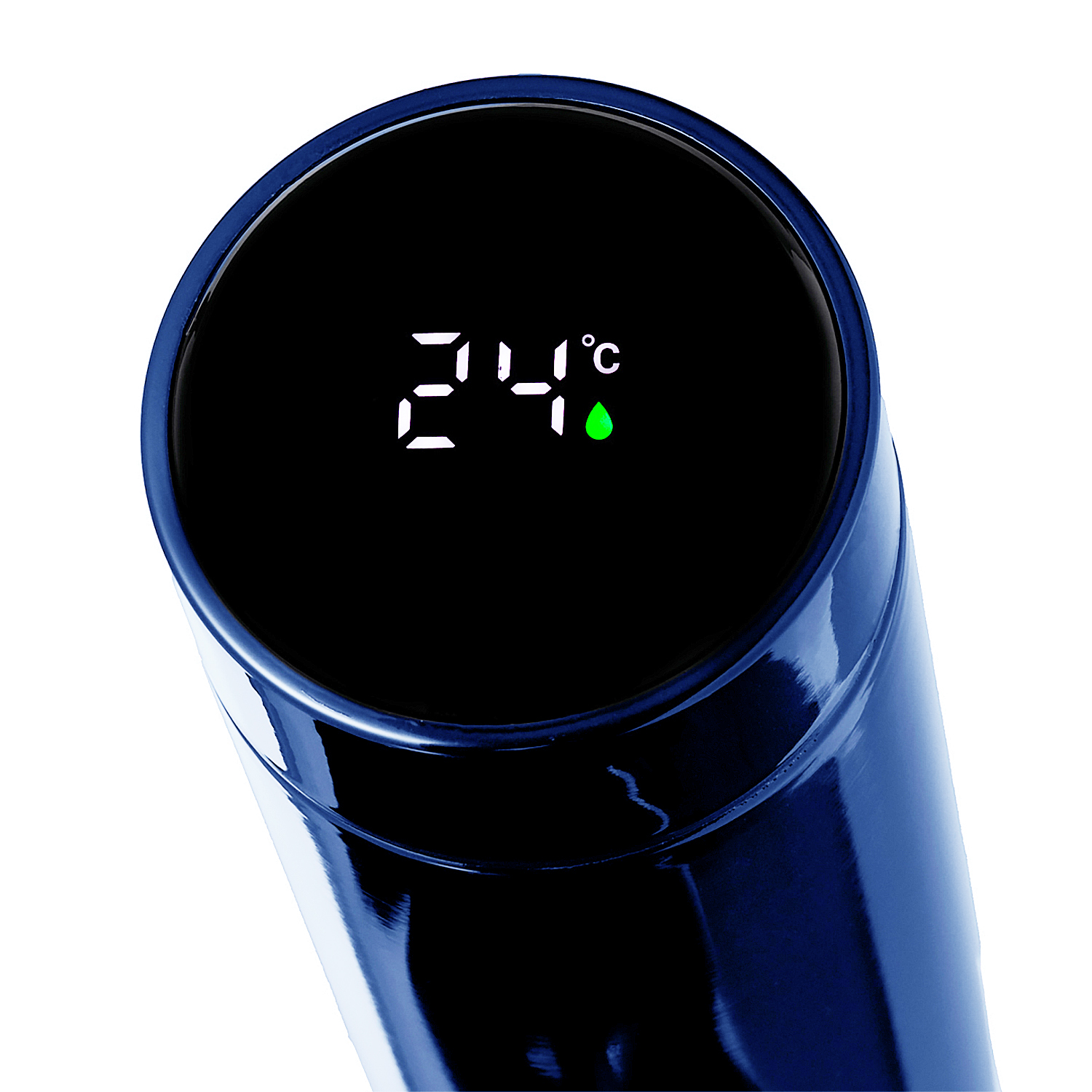 Tazza termica blu con display digitale che mostra 24 gradi Celsius.
