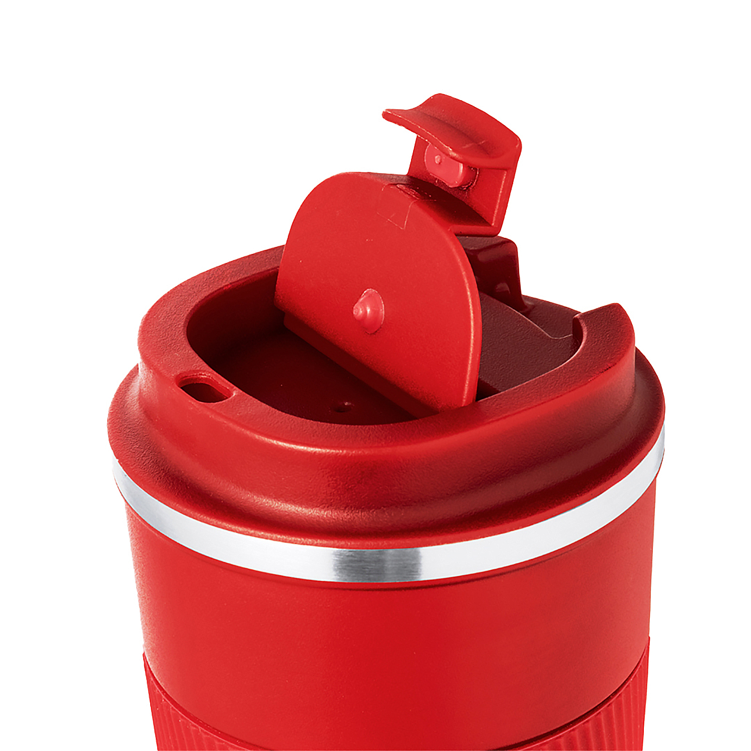 Rote Tasse mit offenem rotem Deckel und silbernem Streifen, Nahaufnahme.