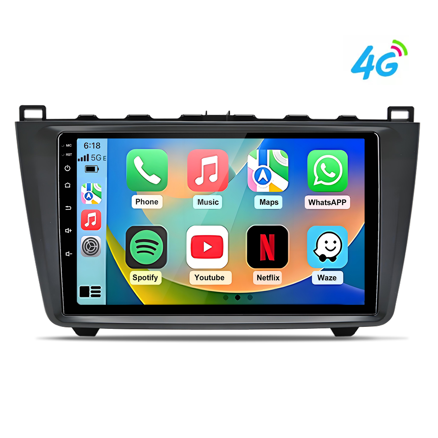 Auto-Infotainment-Bildschirm mit Apps: Telefon, Musik, Karten, WhatsApp, Spotify, Youtube, Netflix, Waze.