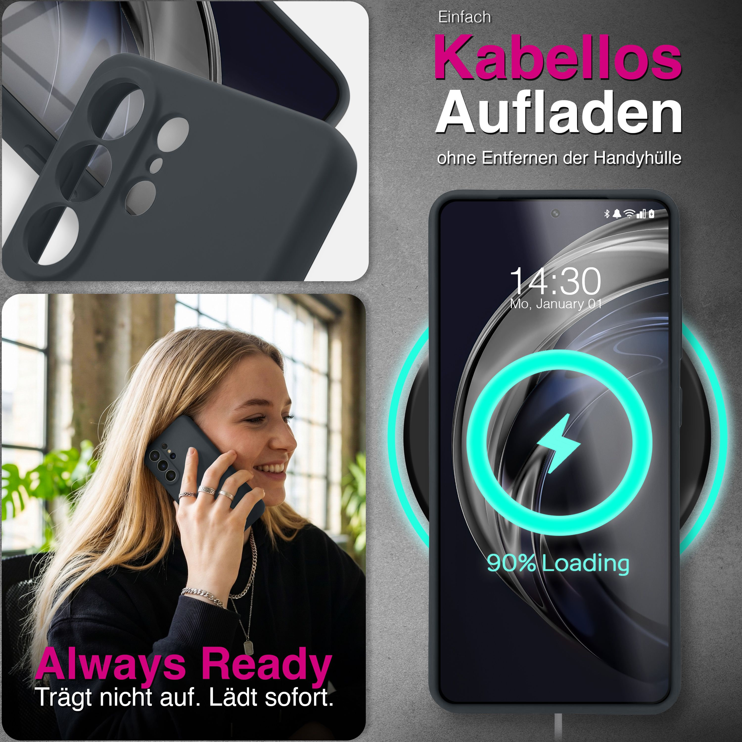 Dunkelgraue Handyhülle und ein Handy wird kabellos geladen.